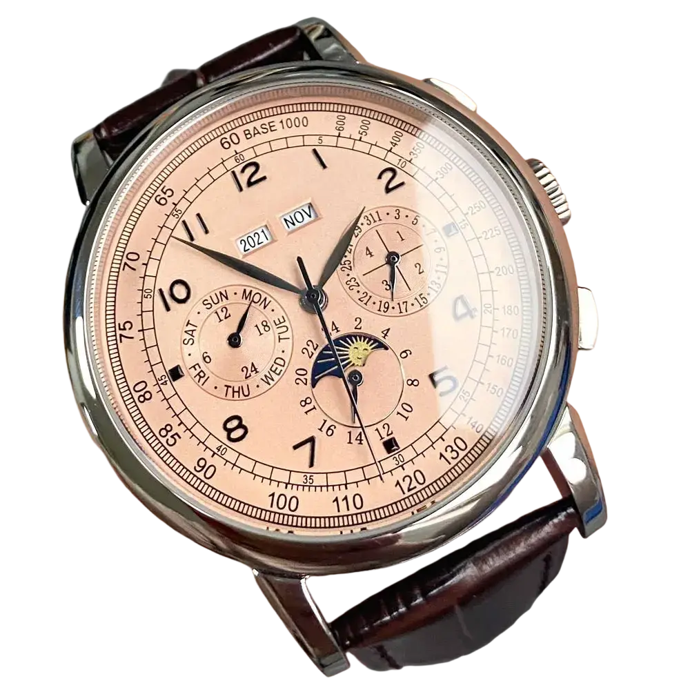 Automatic mechanical watch for men 42mm with a pink dial chronograph, silver-toned case, and brown leather strap