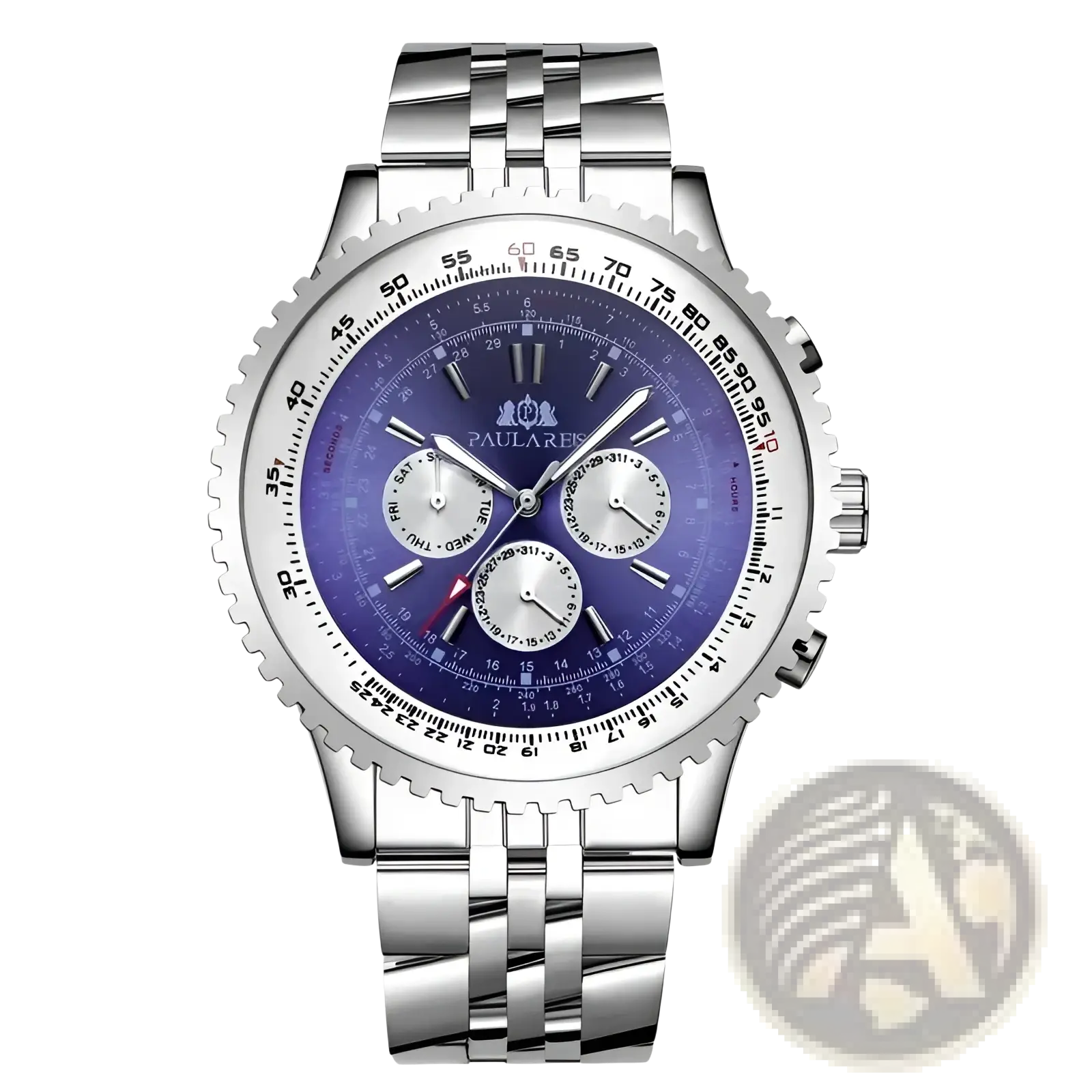 Paulares stainless steel chronograph watch for men with a vibrant purple dial and three subdials