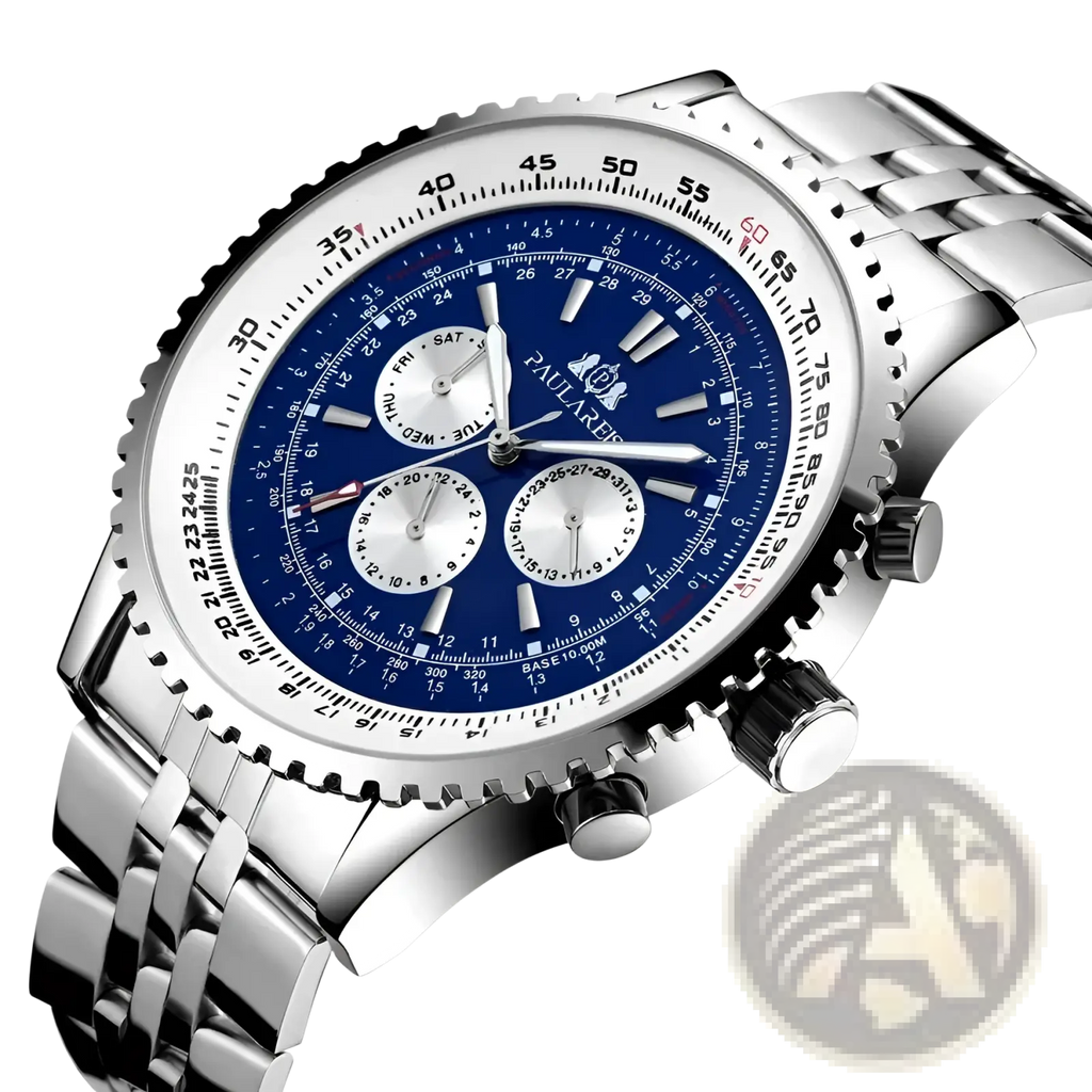 Paulares automatic mechanical watch for men with stainless steel case, blue dial, chronograph, and tachymeter bezel
