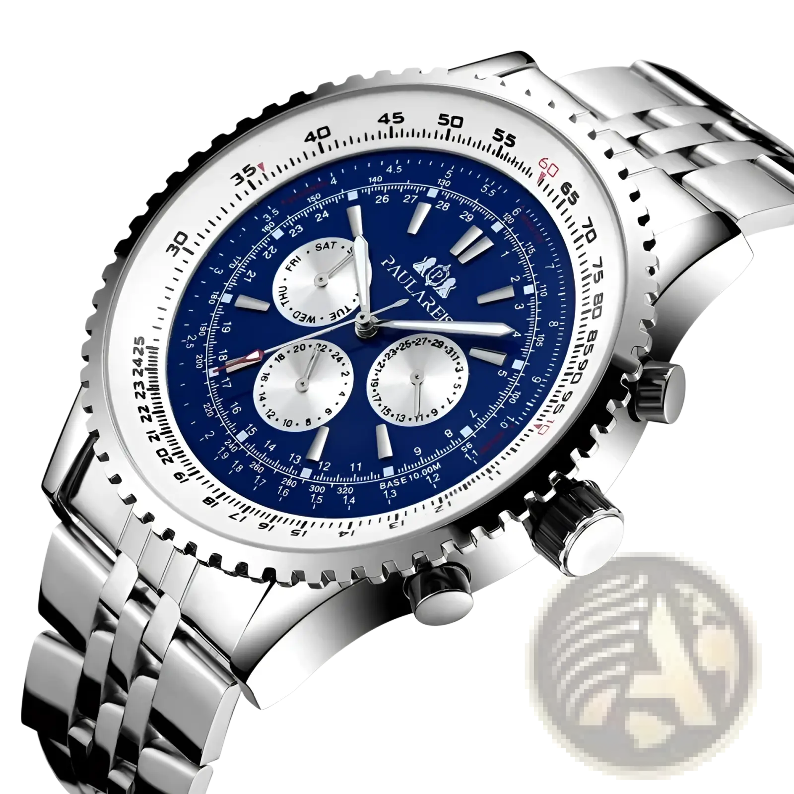 Paulares automatic mechanical watch for men with stainless steel case, blue dial, chronograph, and tachymeter bezel