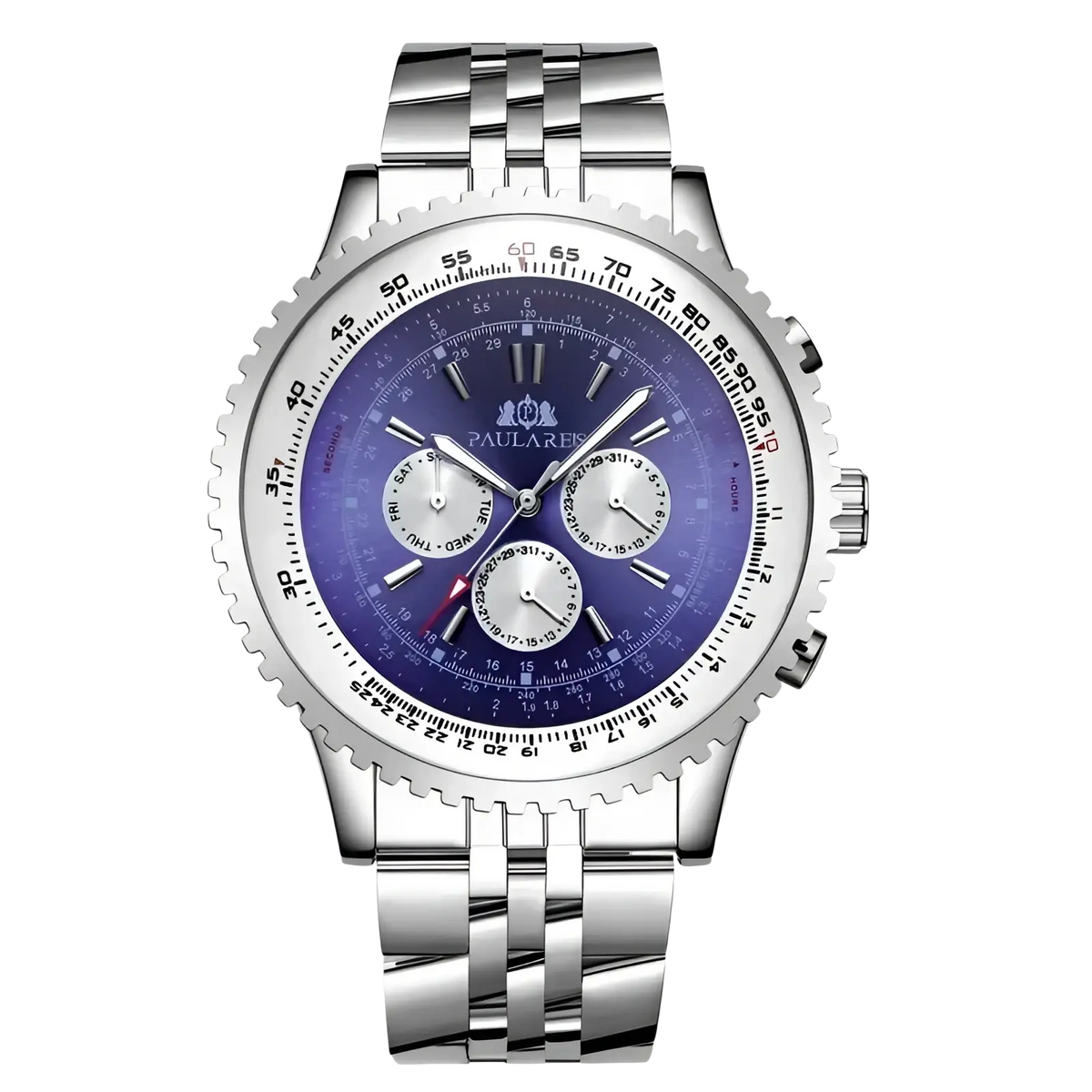 Paulares stainless steel chronograph watch for men with a vibrant purple dial and three subdials