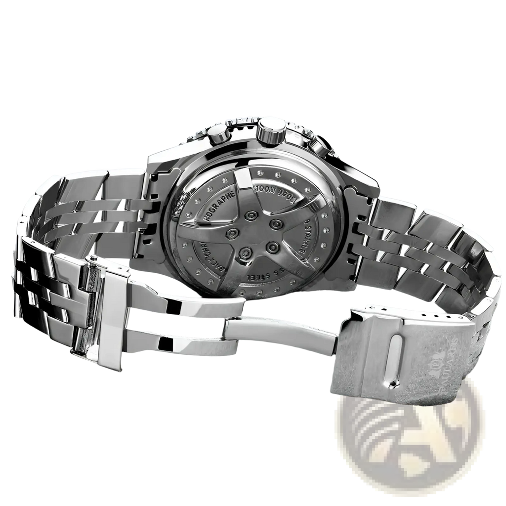 Silver stainless steel automatic mechanical chronograph watch for men with blue dial and engraved case back shown from back side