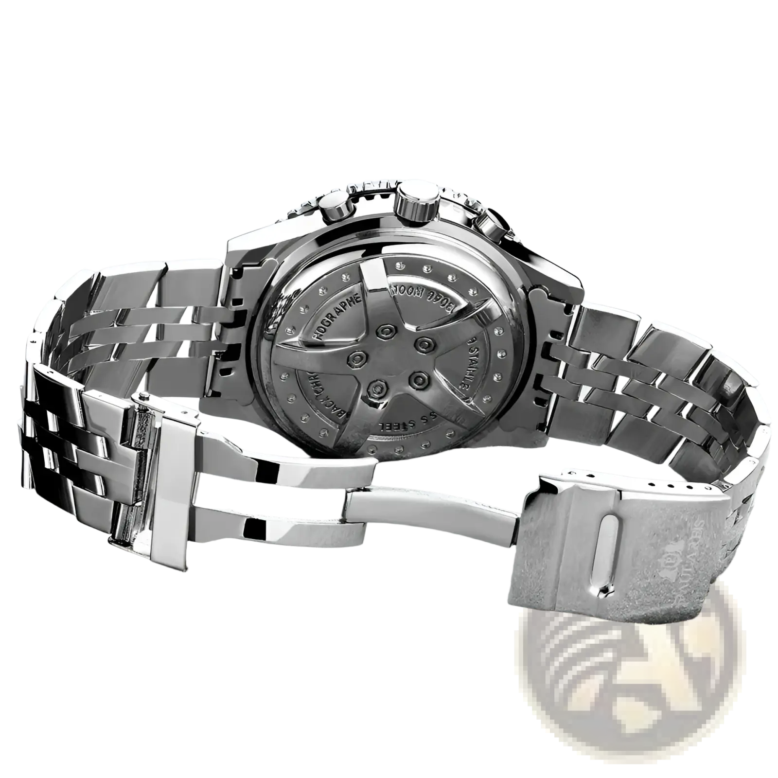 Silver stainless steel automatic mechanical chronograph watch for men with blue dial and engraved case back shown from back side