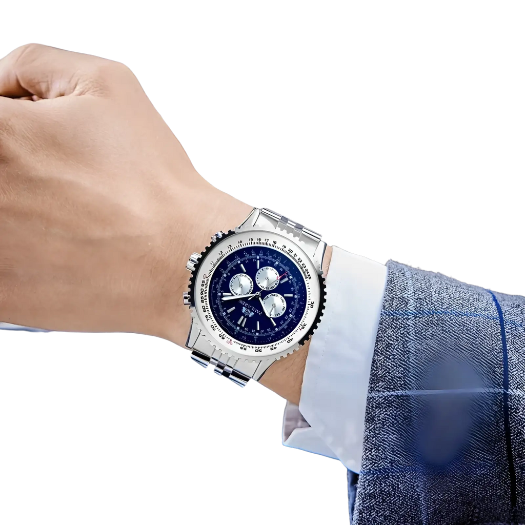 Silver-toned automatic mechanical watch for men with a deep blue dial, three sub-dials, and a metallic bracelet