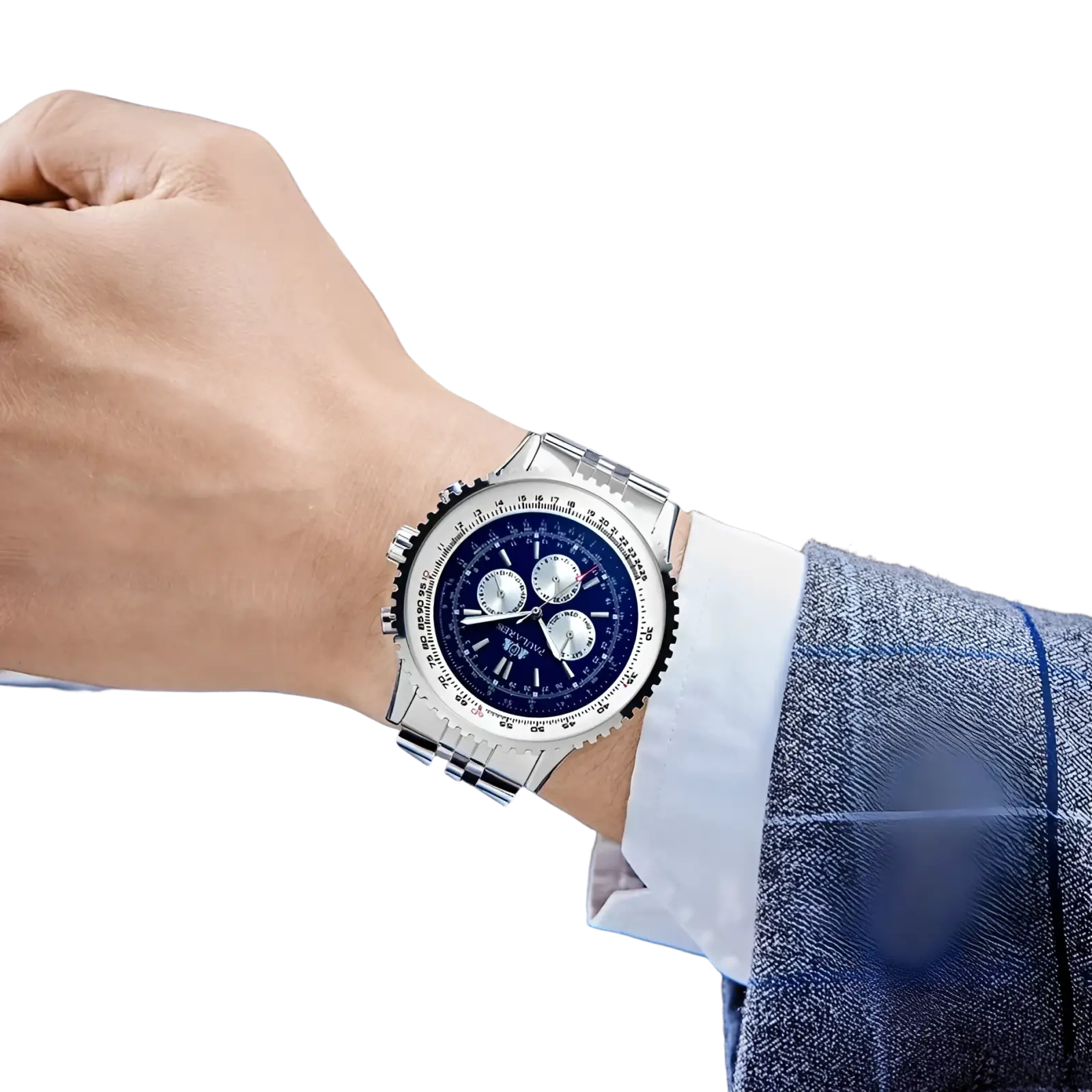 Silver-toned automatic mechanical watch for men with a deep blue dial, three sub-dials, and a metallic bracelet