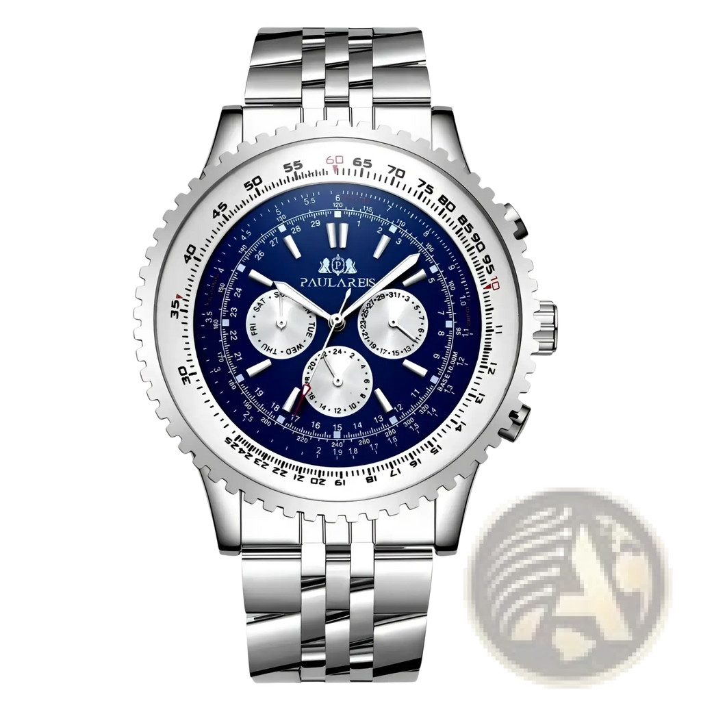 Automatic mechanical watch for men with a silver-toned stainless steel case and deep blue dial with white subdials