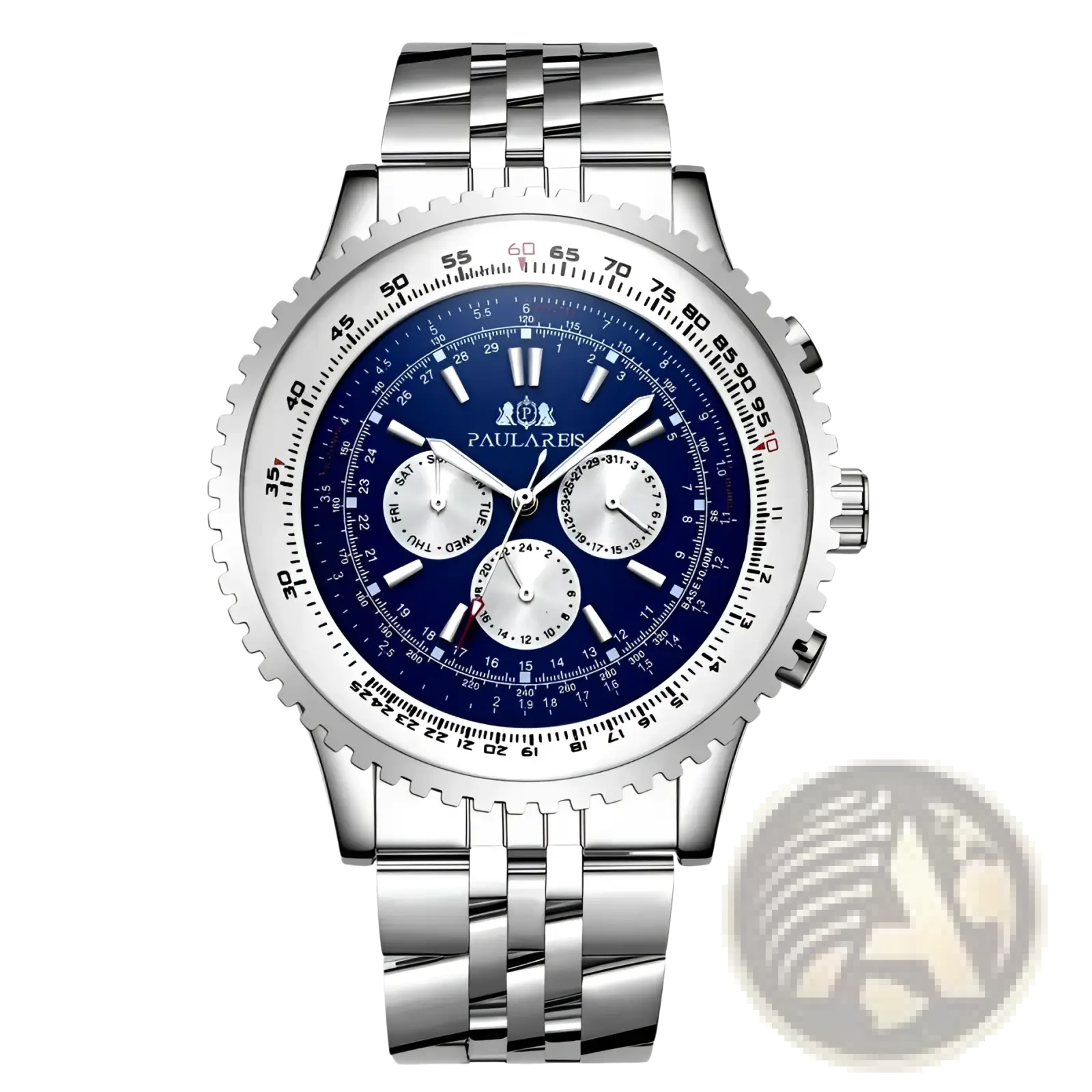 Automatic mechanical watch for men with a silver-toned stainless steel case and deep blue dial with white subdials
