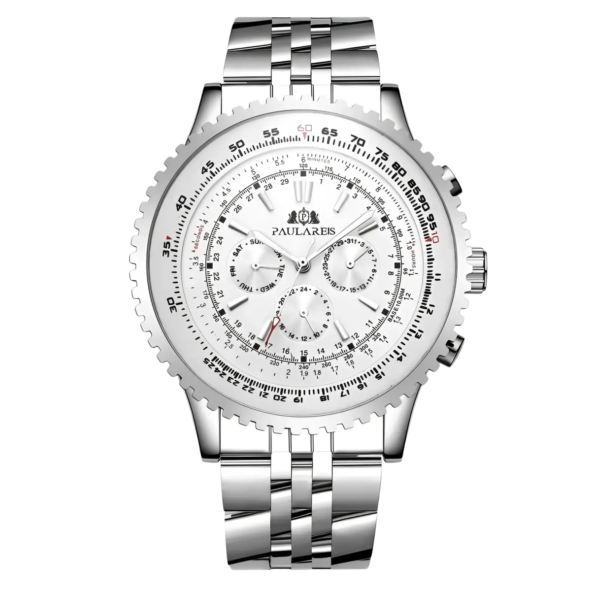 Silver-toned stainless steel chronograph watch for men with white dial black markings and multiple subdials