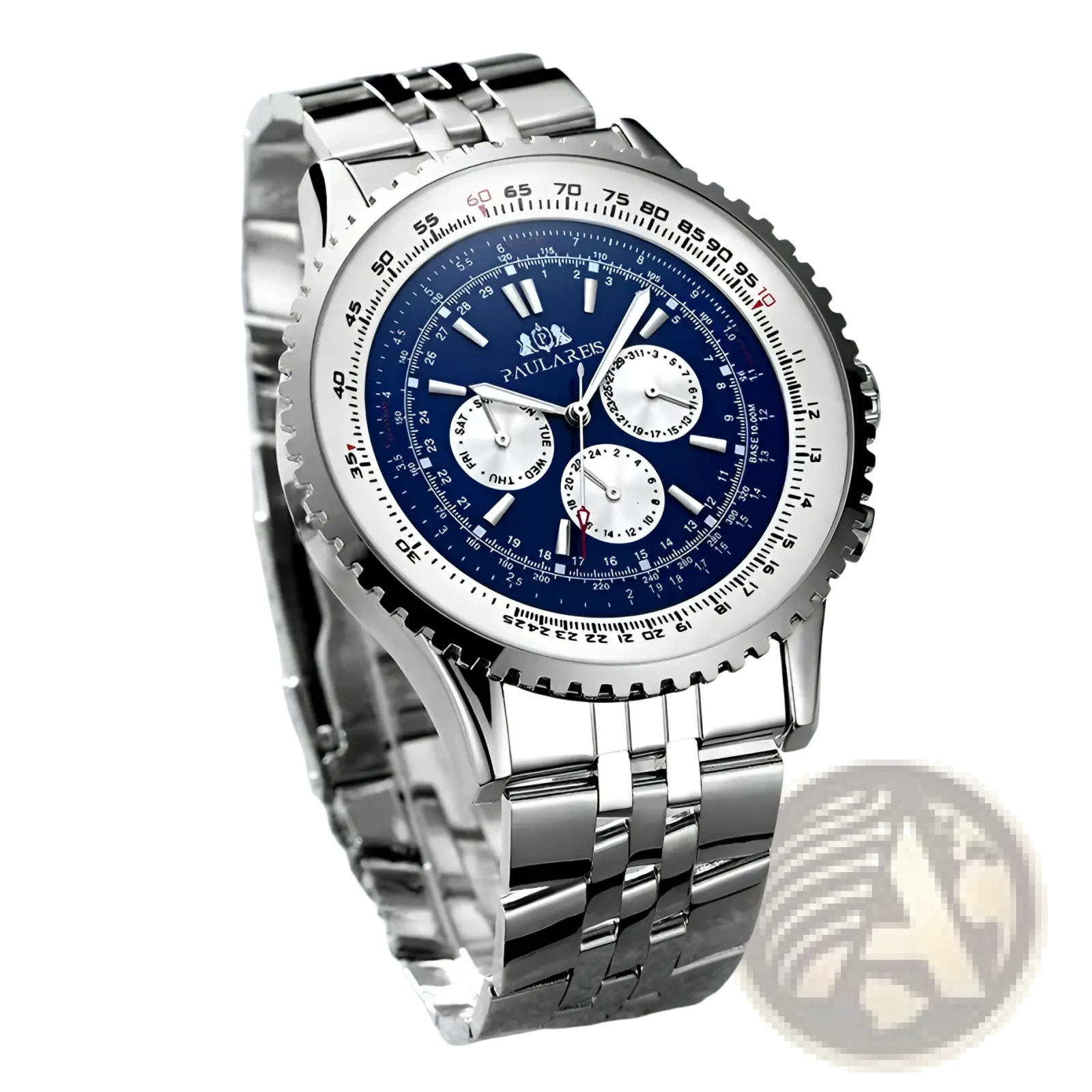 Silver-toned stainless steel automatic mechanical watch for men with vibrant blue dial and three sub-dials