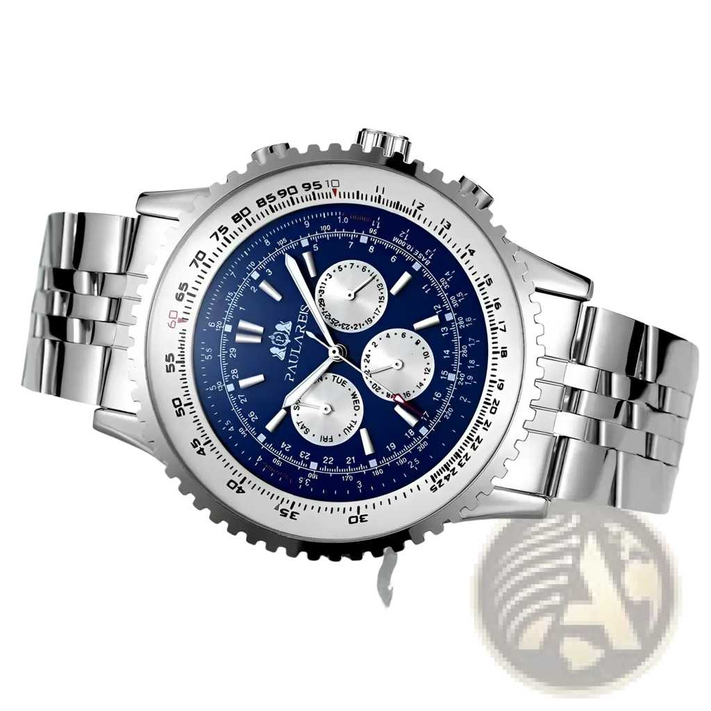 Automatic mechanical watch for men with silver-toned stainless steel case, blue dial, white subdials, and chronograph features
