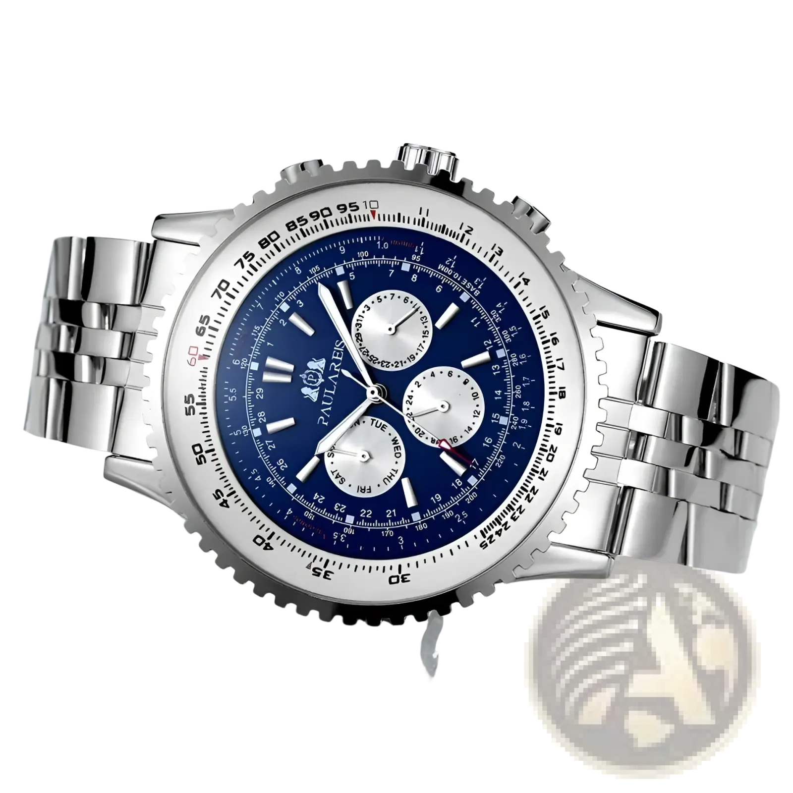 Automatic mechanical watch for men with silver-toned stainless steel case, blue dial, white subdials, and chronograph features