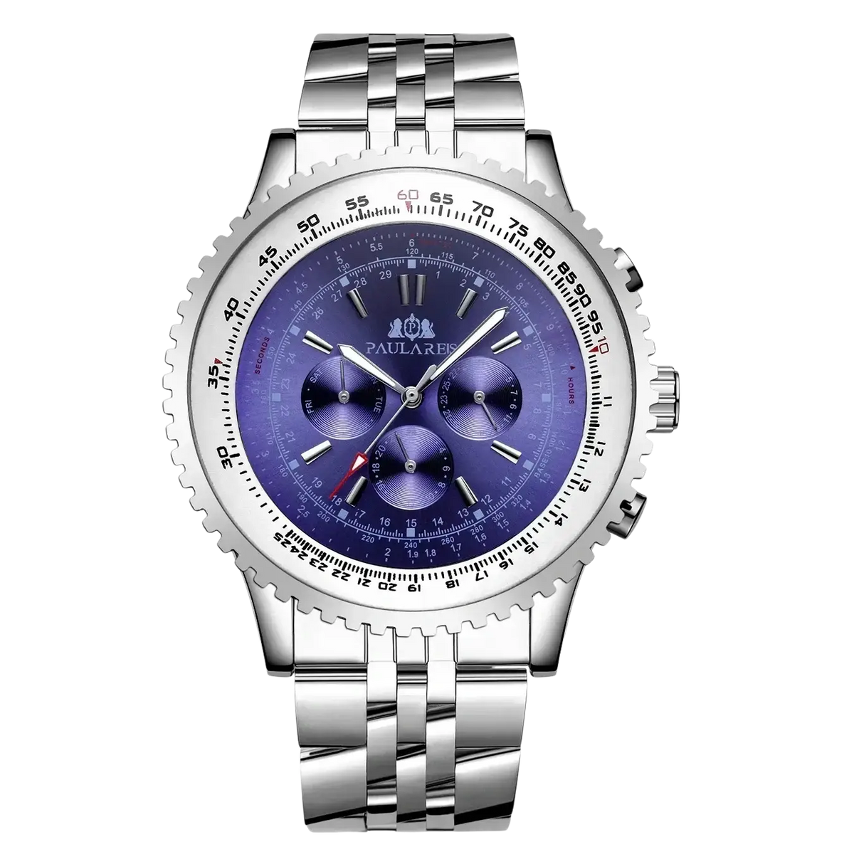Silver-toned stainless steel automatic mechanical watch for men with a vibrant purple dial and three subdials