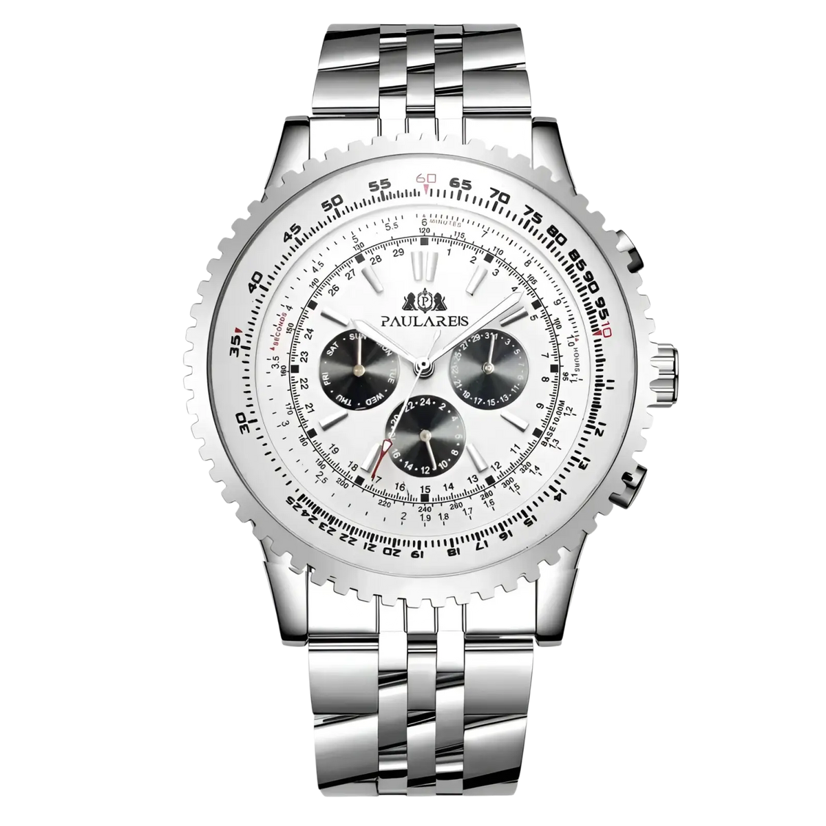 Silver-toned stainless steel automatic mechanical chronograph watch for men with white dial and black subdials