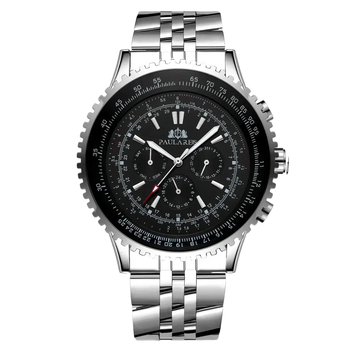 Silver-toned stainless steel automatic mechanical paulares chronograph watch for men with black dial and textured bezel