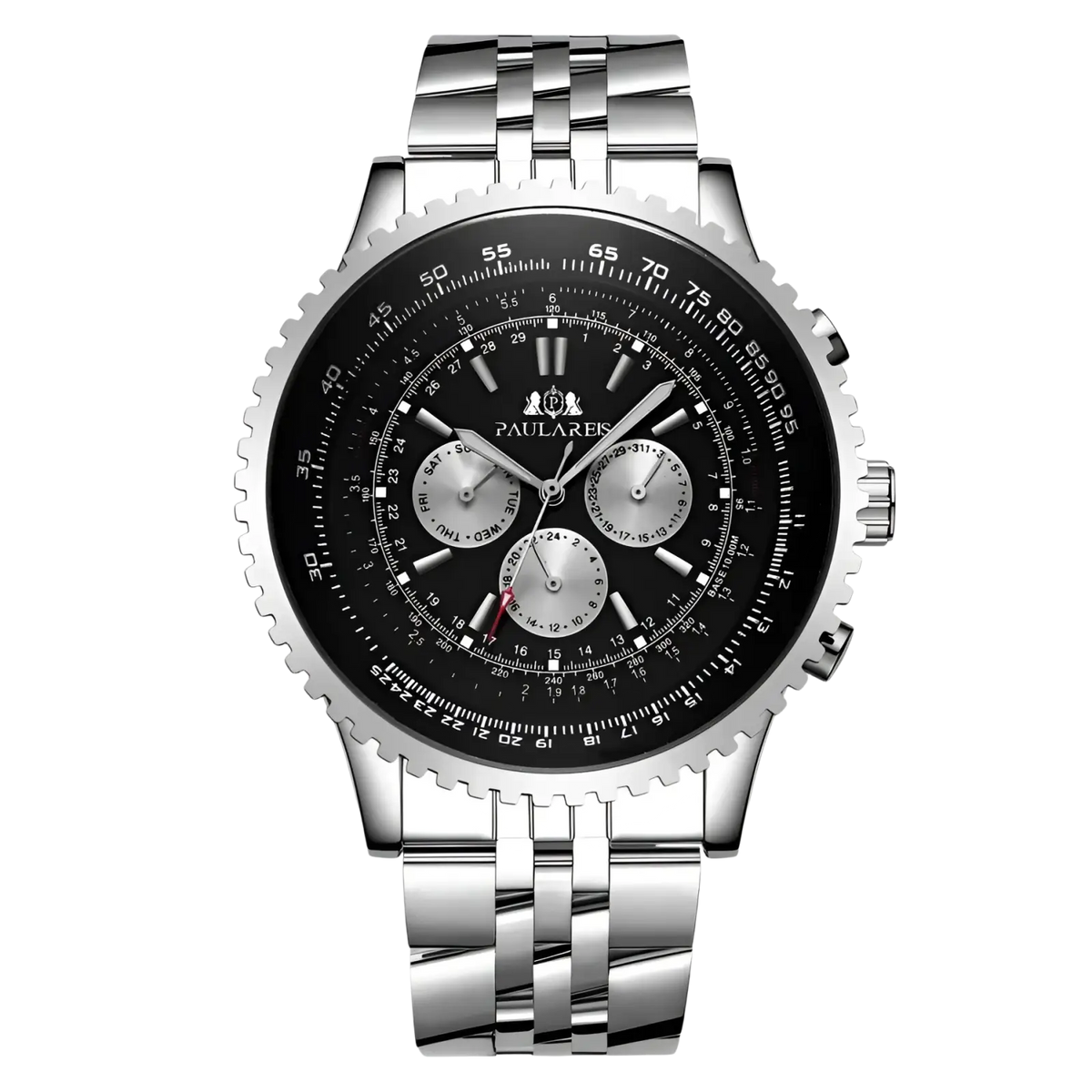 Silver-toned stainless steel paulareis automatic mechanical watch for men with black dial, three subdials, and textured bezel