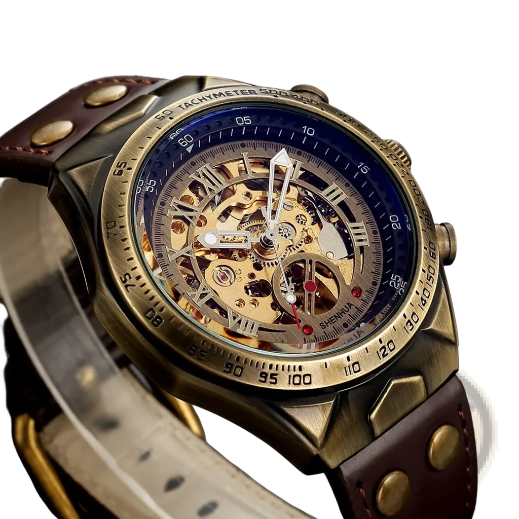 Automatic mechanical watch men retro leather skeleton with bronze case blue dial and brown leather strap