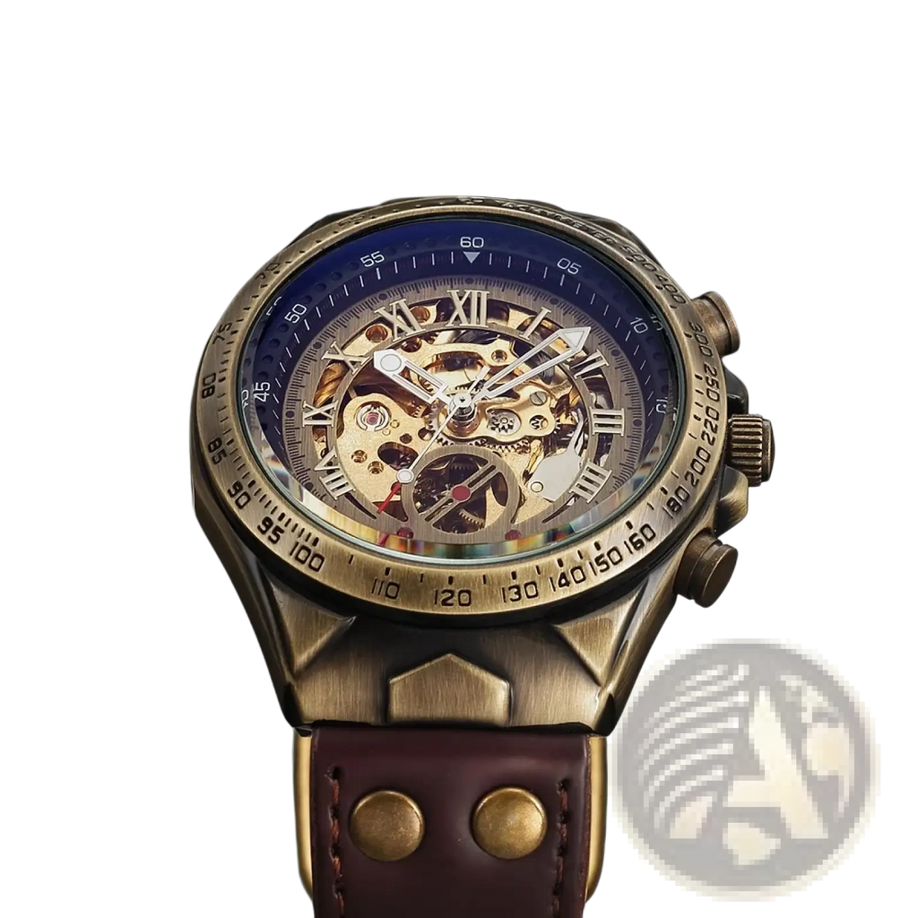 Automatic mechanical watch men retro leather skeleton with bronze-toned case blue dial and brown leather strap