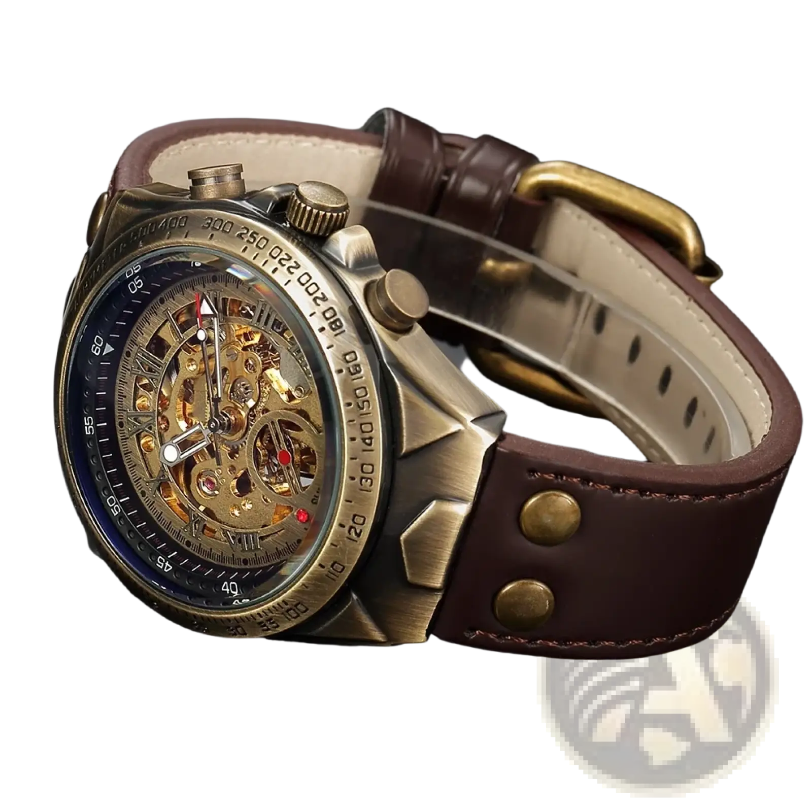 Automatic mechanical watch men retro leather skeleton with bronze tone, brown leather strap, and visible gold gears