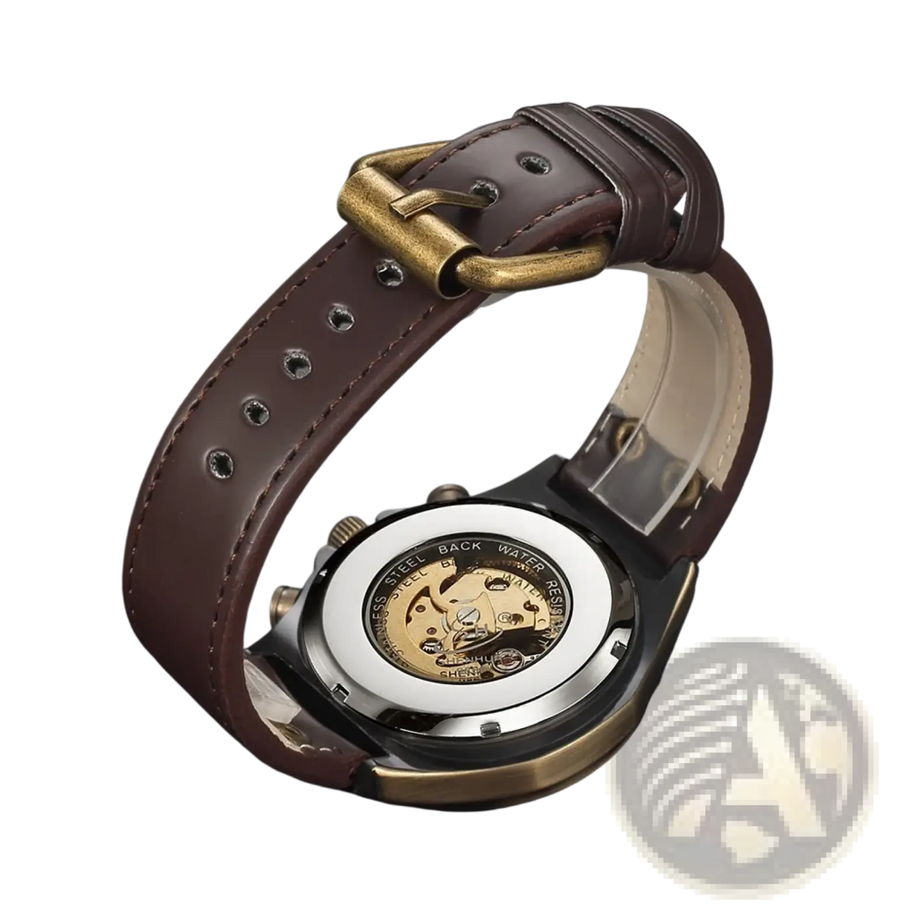 Automatic mechanical watch men retro leather skeleton showing the back with brown leather strap and brass buckle