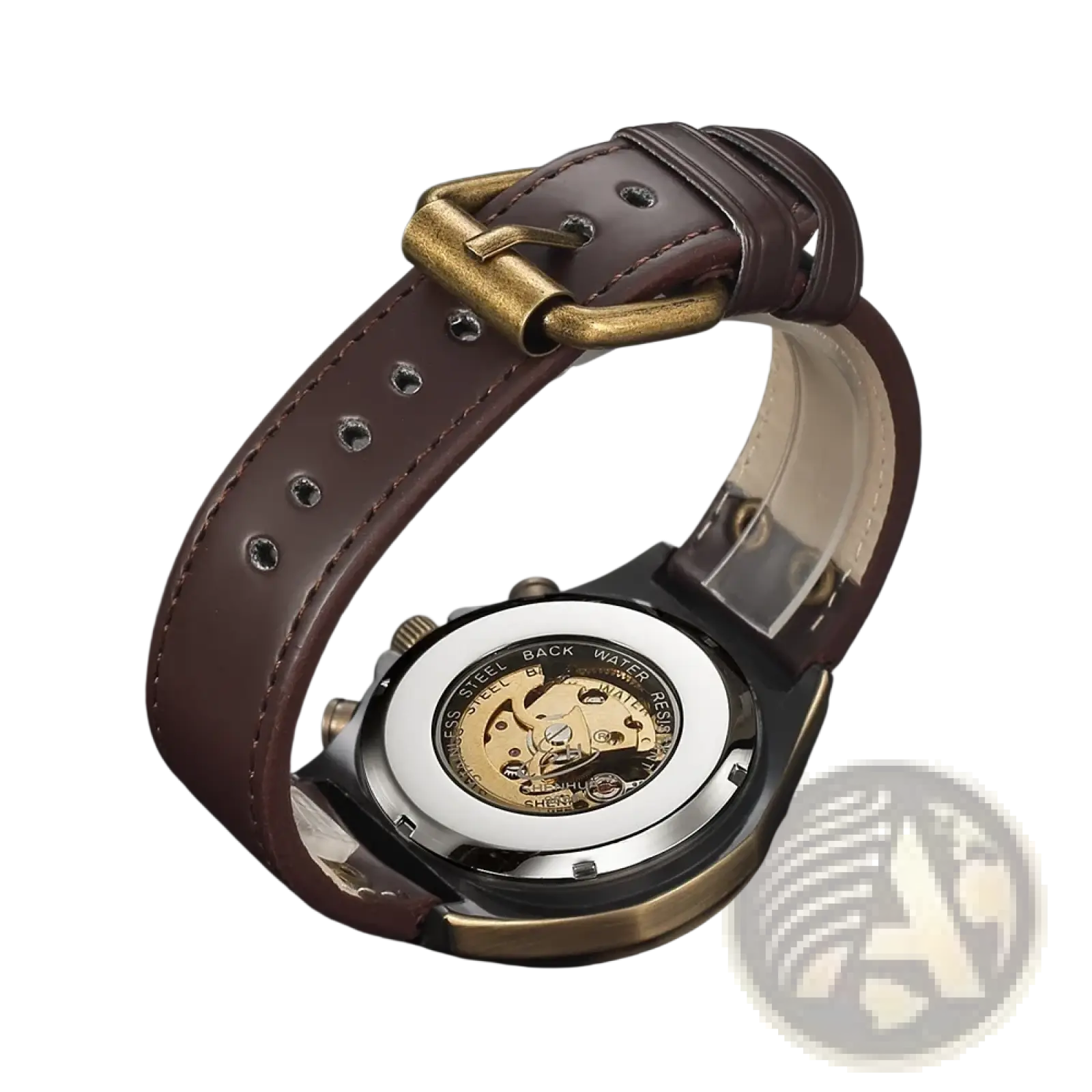 Automatic mechanical watch men retro leather skeleton showing the back with brown leather strap and brass buckle