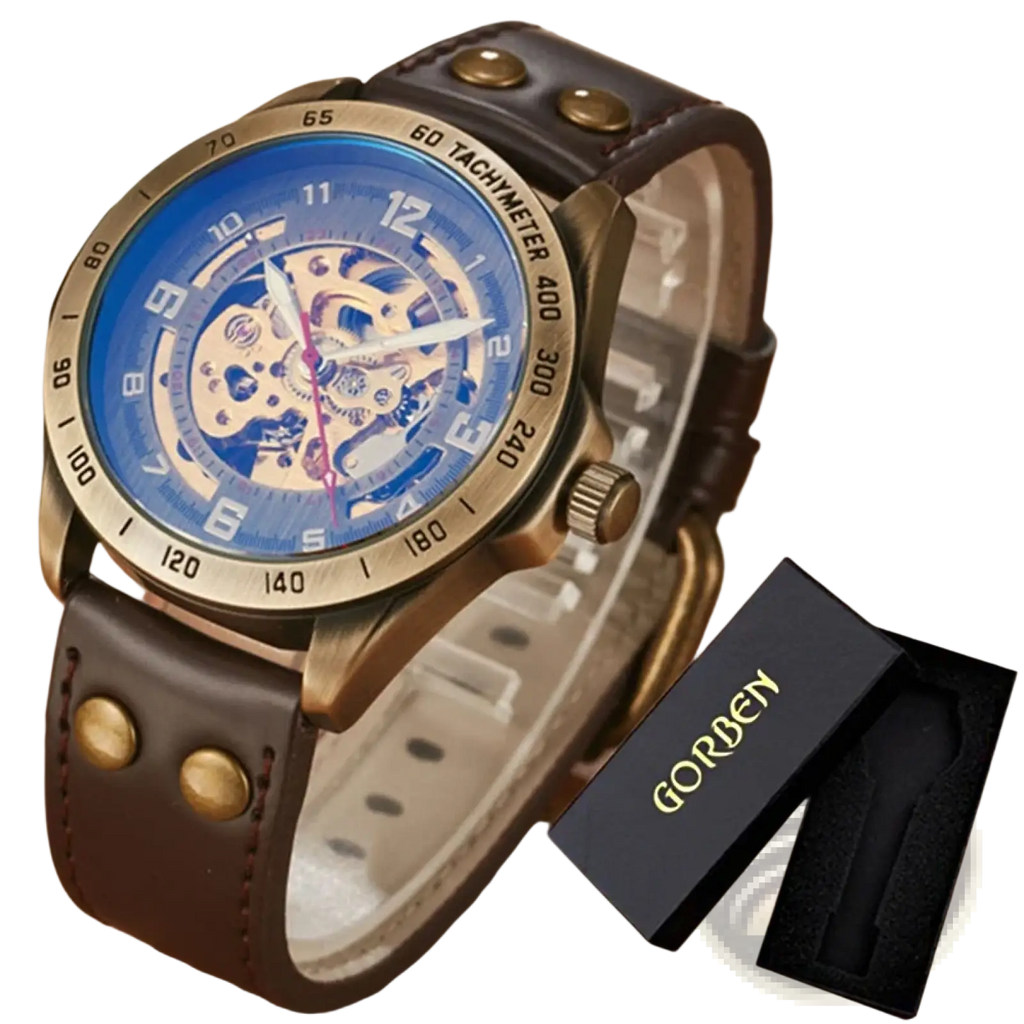 Automatic mechanical watch men retro leather skeleton with bronze tone, blue dial, exposed gears, and brown leather strap
