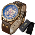Automatic mechanical watch men retro leather skeleton with bronze tone, blue dial, exposed gears, and brown leather strap