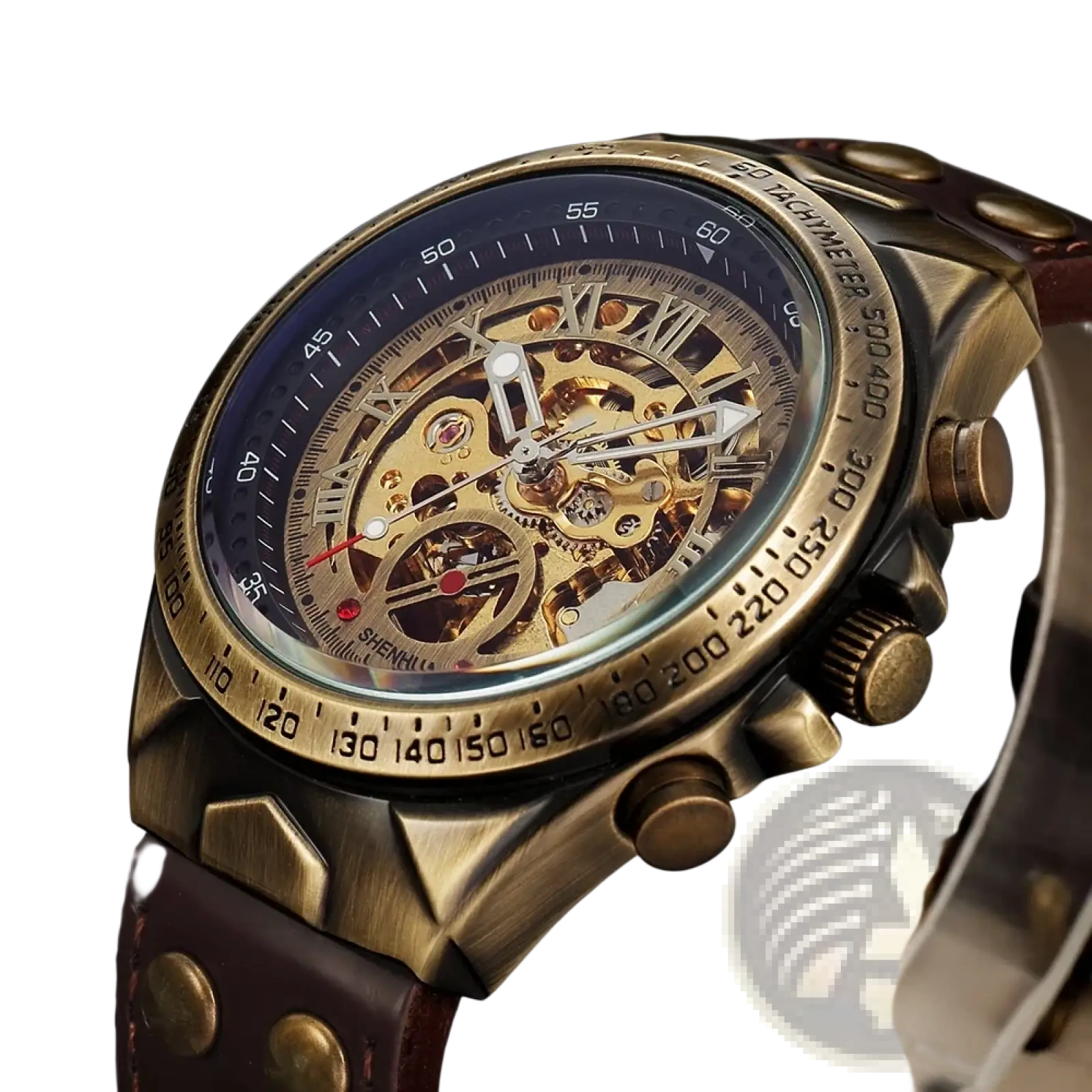 Automatic mechanical watch men retro leather skeleton with vintage brass case, dark blue dial, golden gears, and brown strap