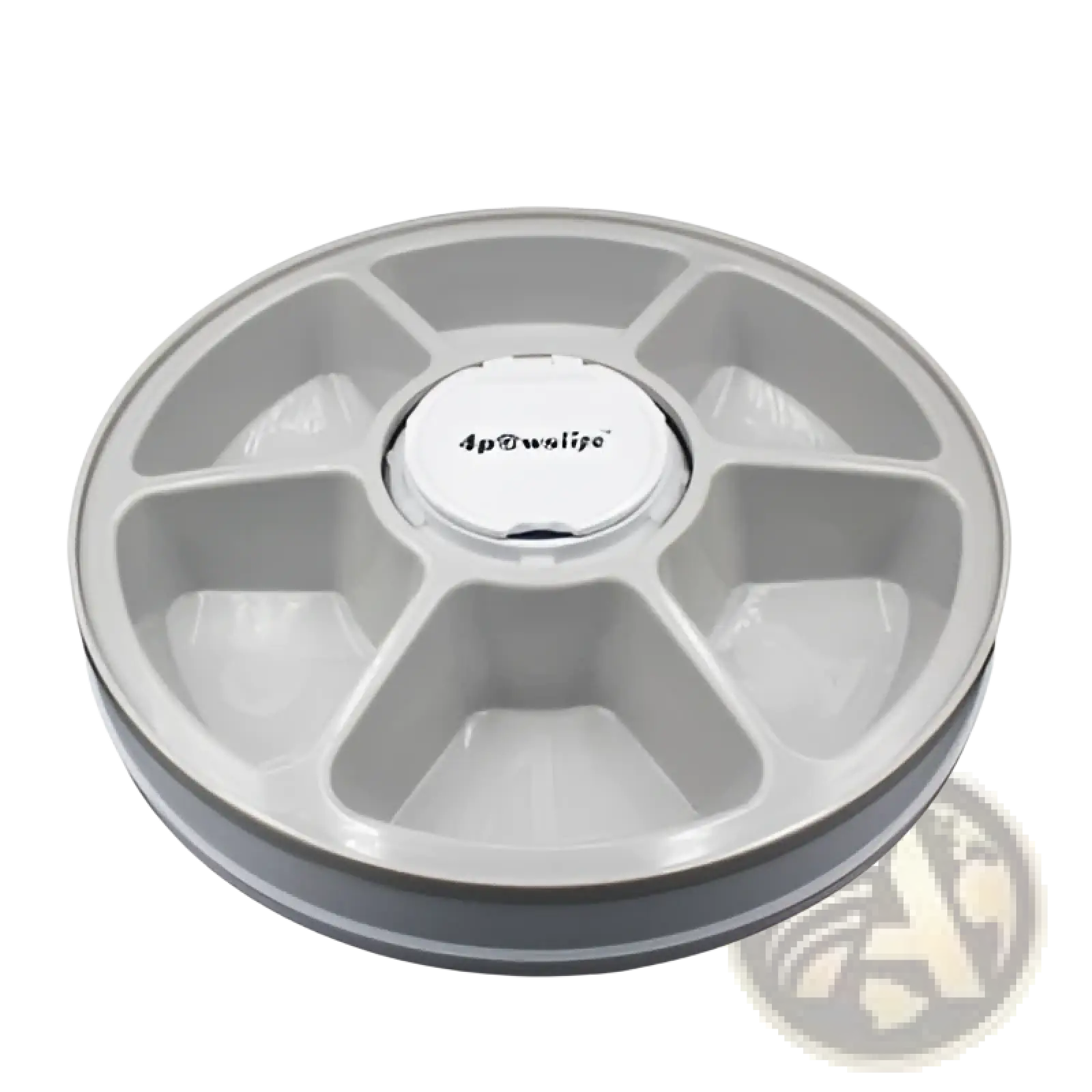 Gray circular automatic pet feeder with six compartments and silver 4p@wells emblem for meal timing dispenser