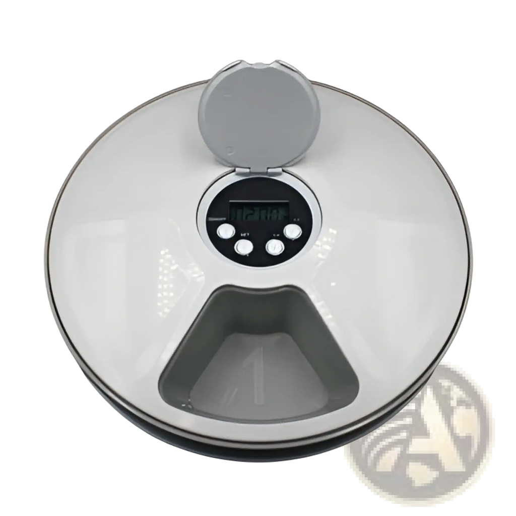 Automatic pet feeder white and gray circular design with digital display control buttons and hinged lid for dogs and cats