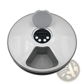 Automatic pet feeder white and gray circular design with digital display control buttons and hinged lid for dogs and cats