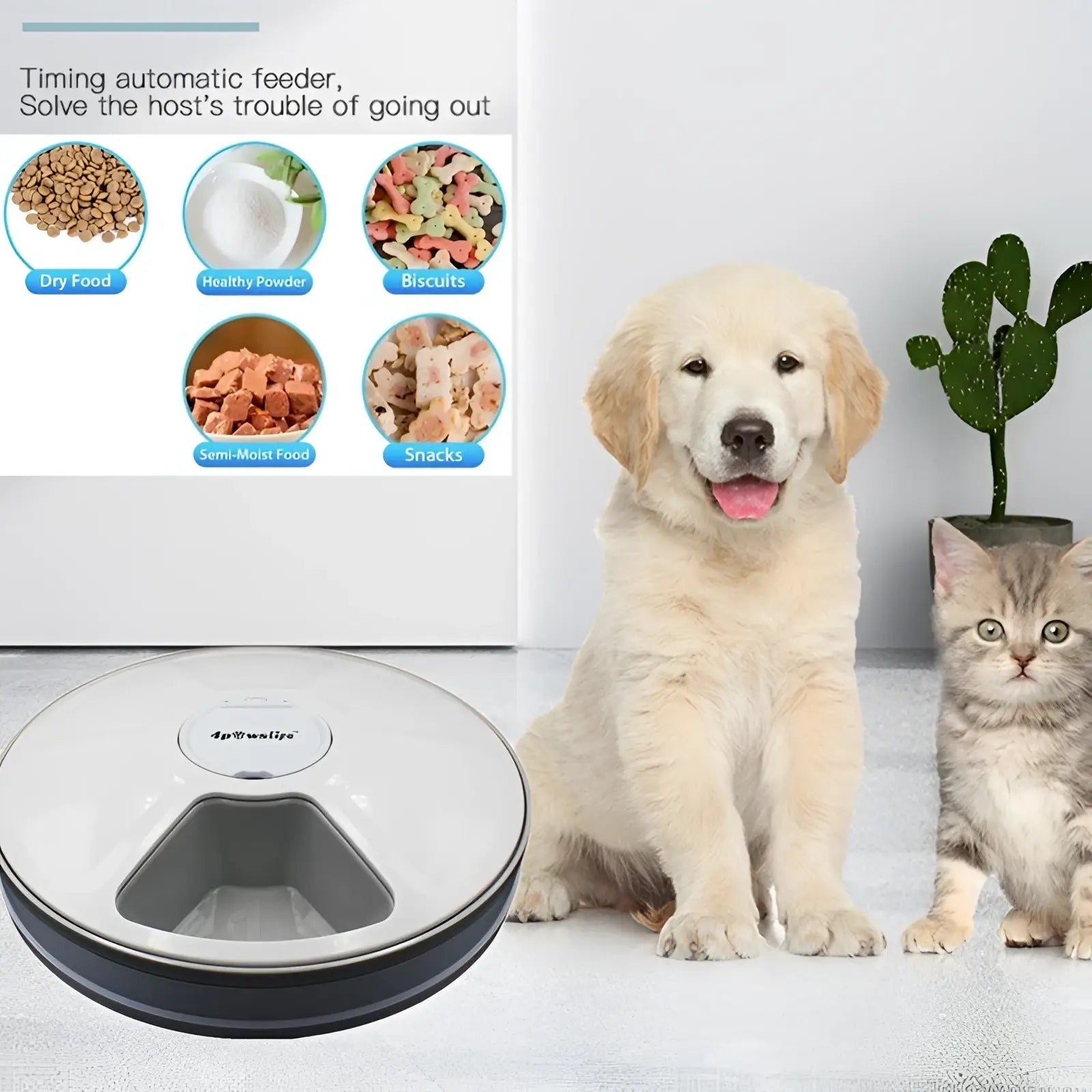 White and gray circular automatic pet feeder with a central control panel for six meal timing dispenser use