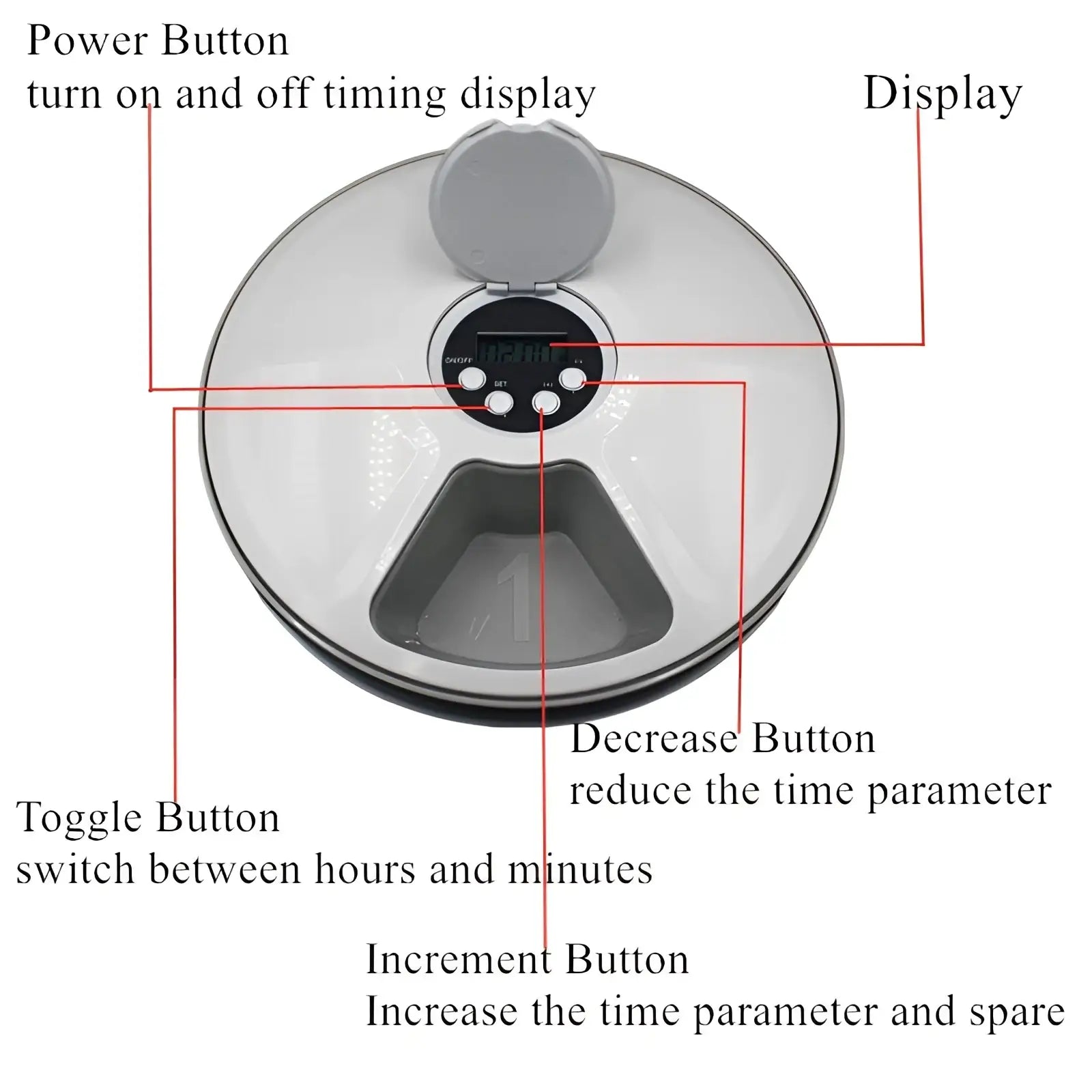 White and gray digital automatic pet feeder with hinged lid control buttons and lcd display for dogs and cats meal timing