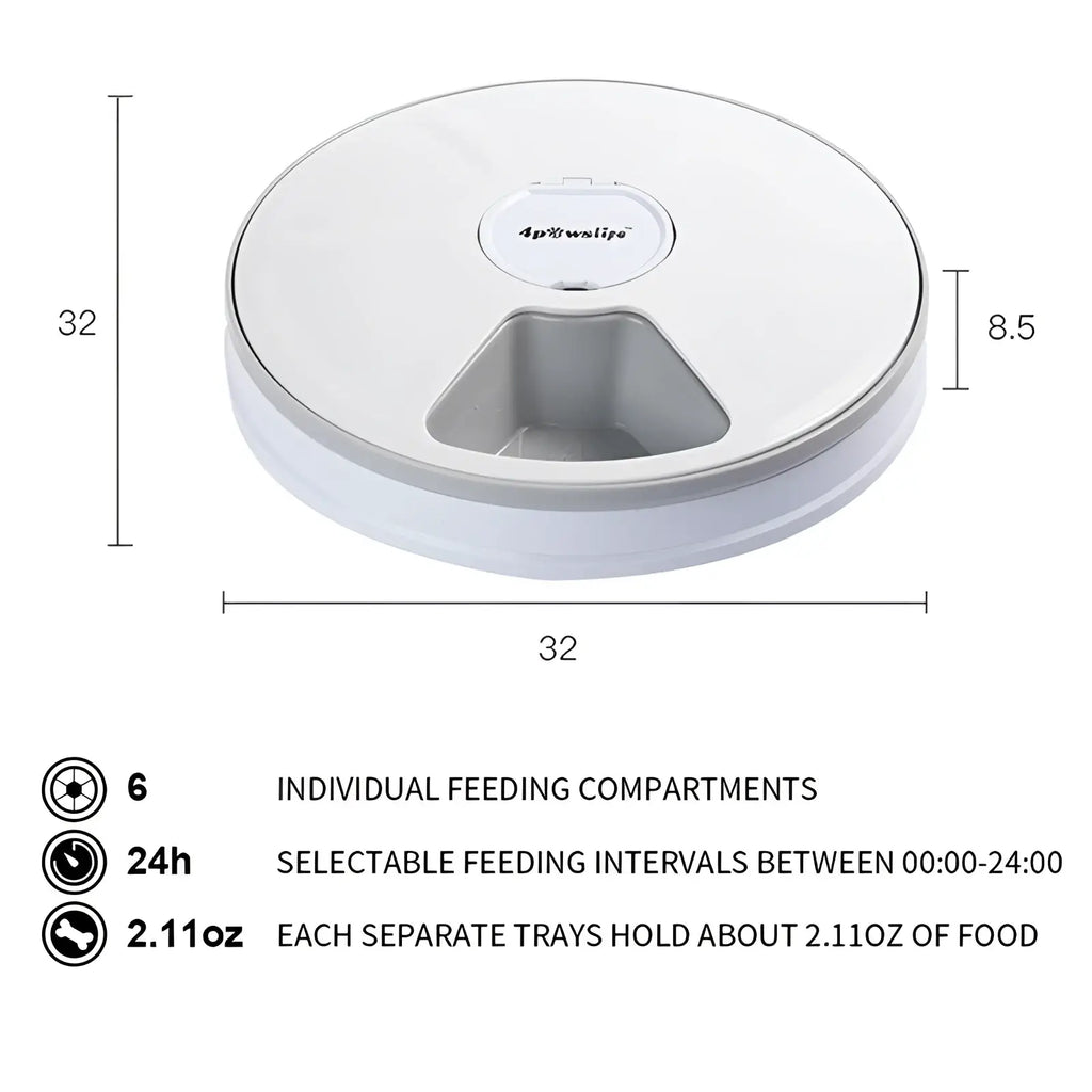 White circular automatic pet feeder with six compartments designed for timed meals for dogs and cats