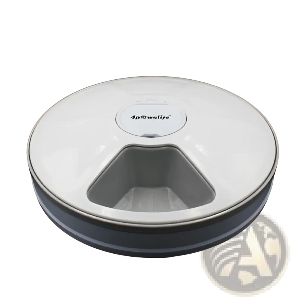 White and gray automatic pet feeder with 6 meal timing dispenser and dpetwally logo for dogs and cats