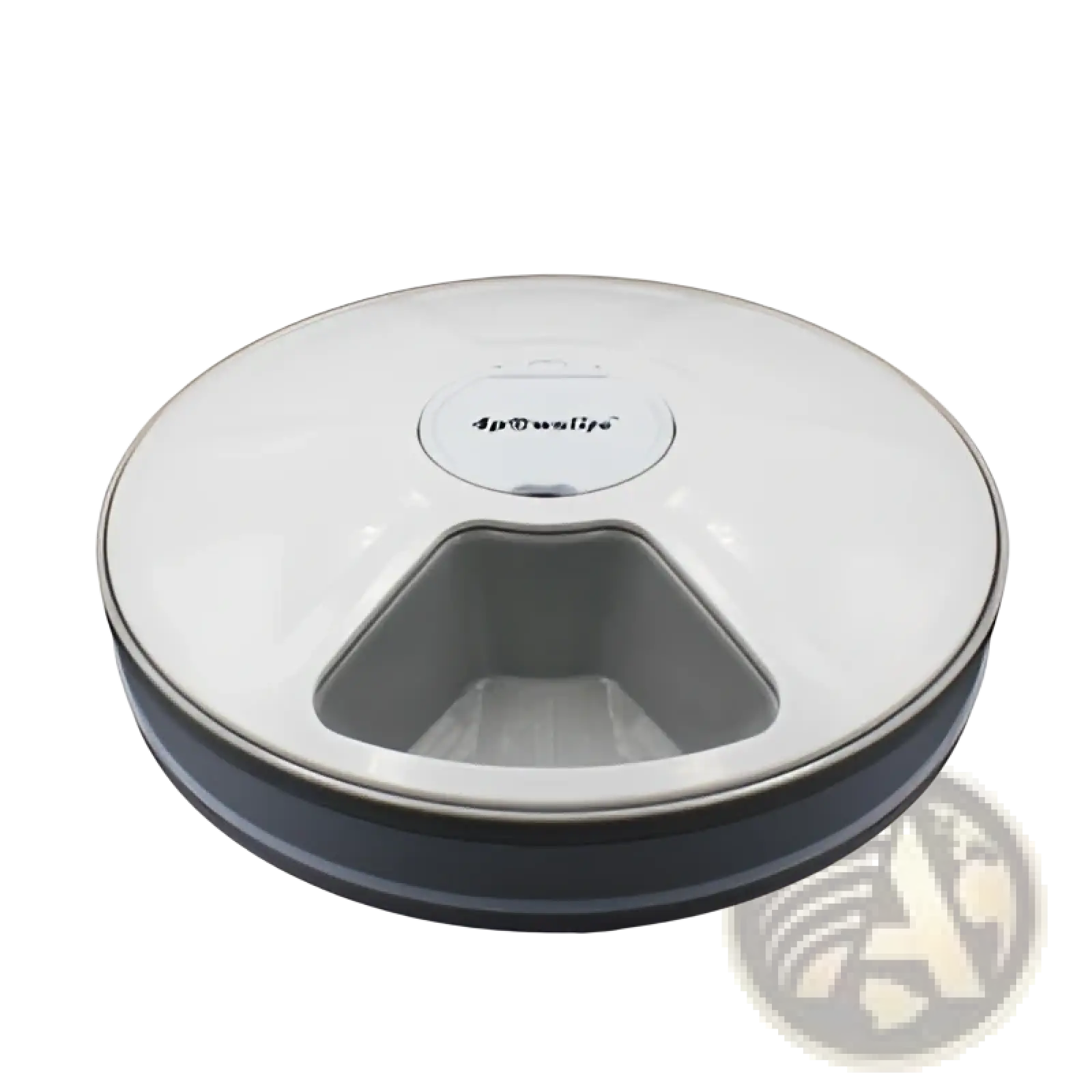 White and gray automatic pet feeder with 6 meal timing dispenser and dpetwally logo for dogs and cats