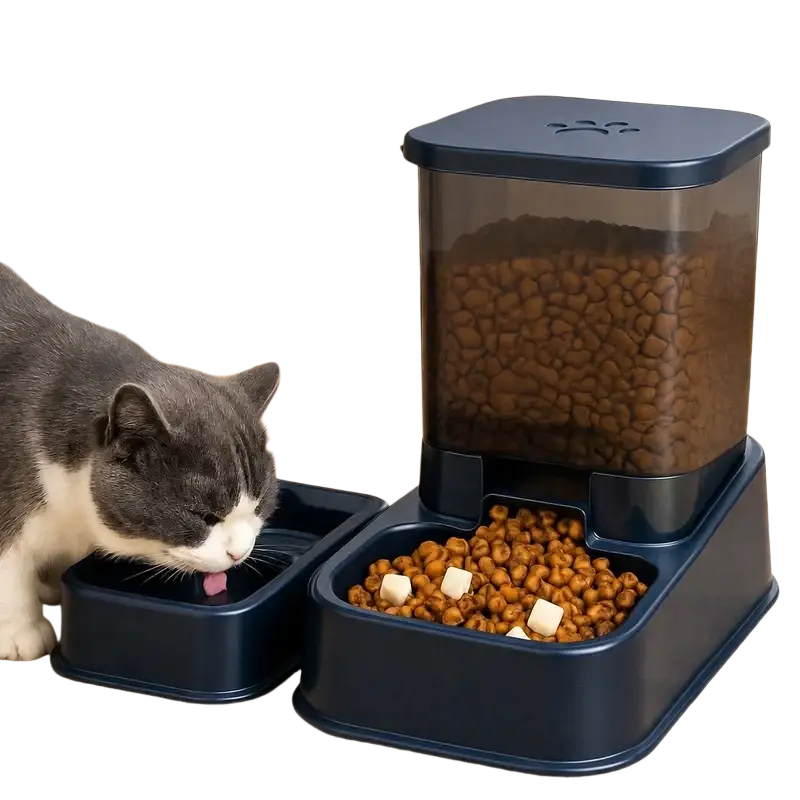 Navy blue plastic automatic pet feeder bowl with transparent food reservoir and paw-print lid for precise portion dispensing