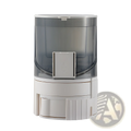 Automatic pet feeder with dual bowls plastic gray and white pill dispenser with transparent upper section for viewing contents
