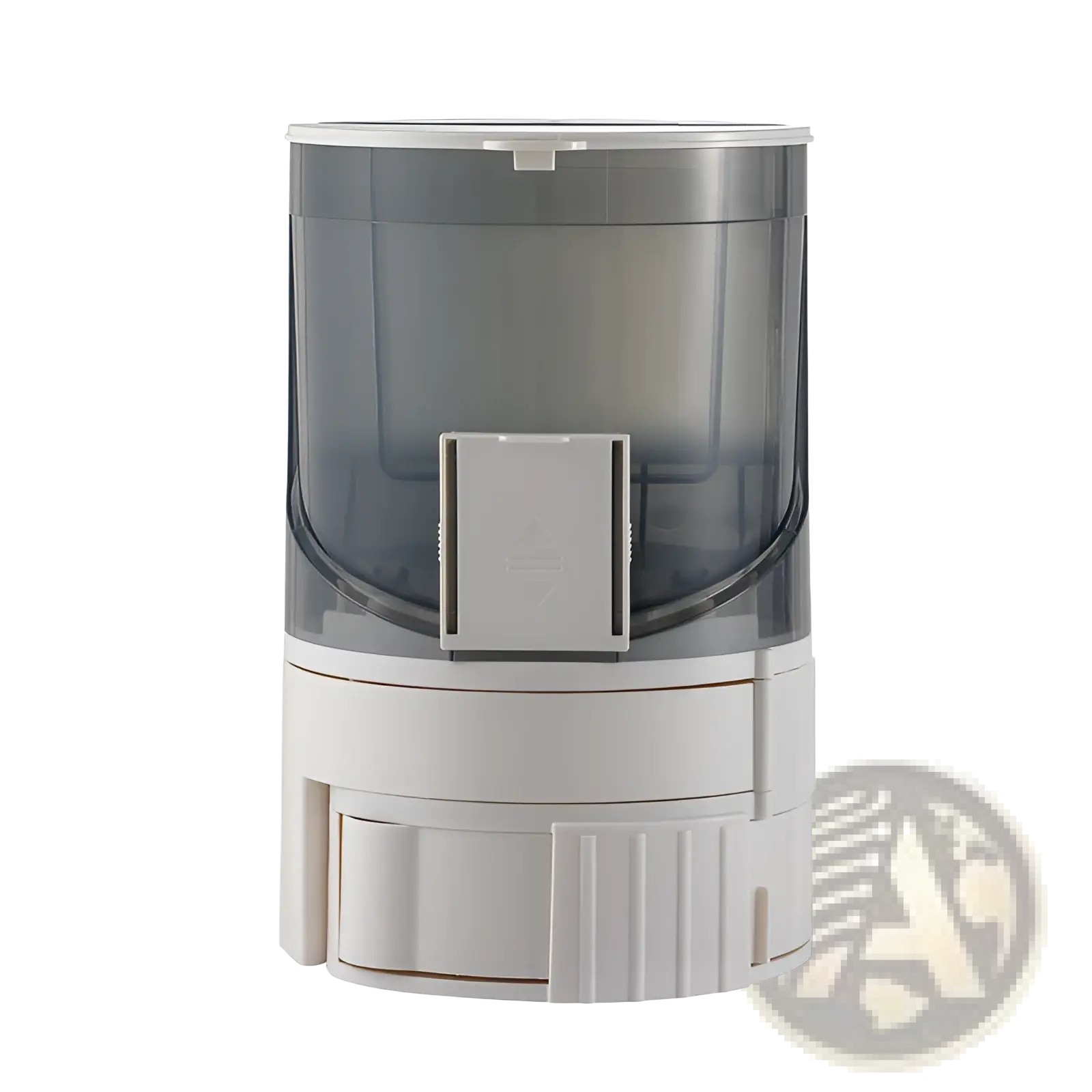 Automatic pet feeder with dual bowls plastic gray and white pill dispenser with transparent upper section for viewing contents