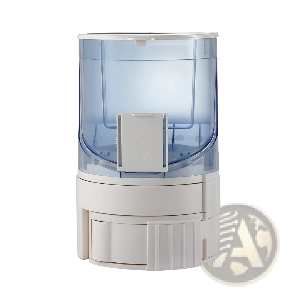 Blue translucent plastic wall-mounted soap dispenser with white base and lid for automatic pet feeder system