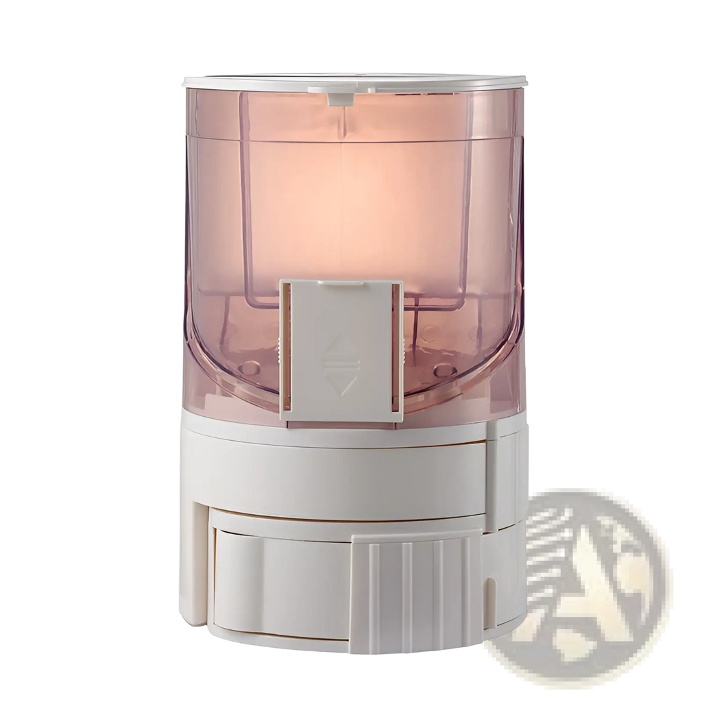 A sleek translucent pink plastic automatic pet feeder with dual bowls and white base and lid