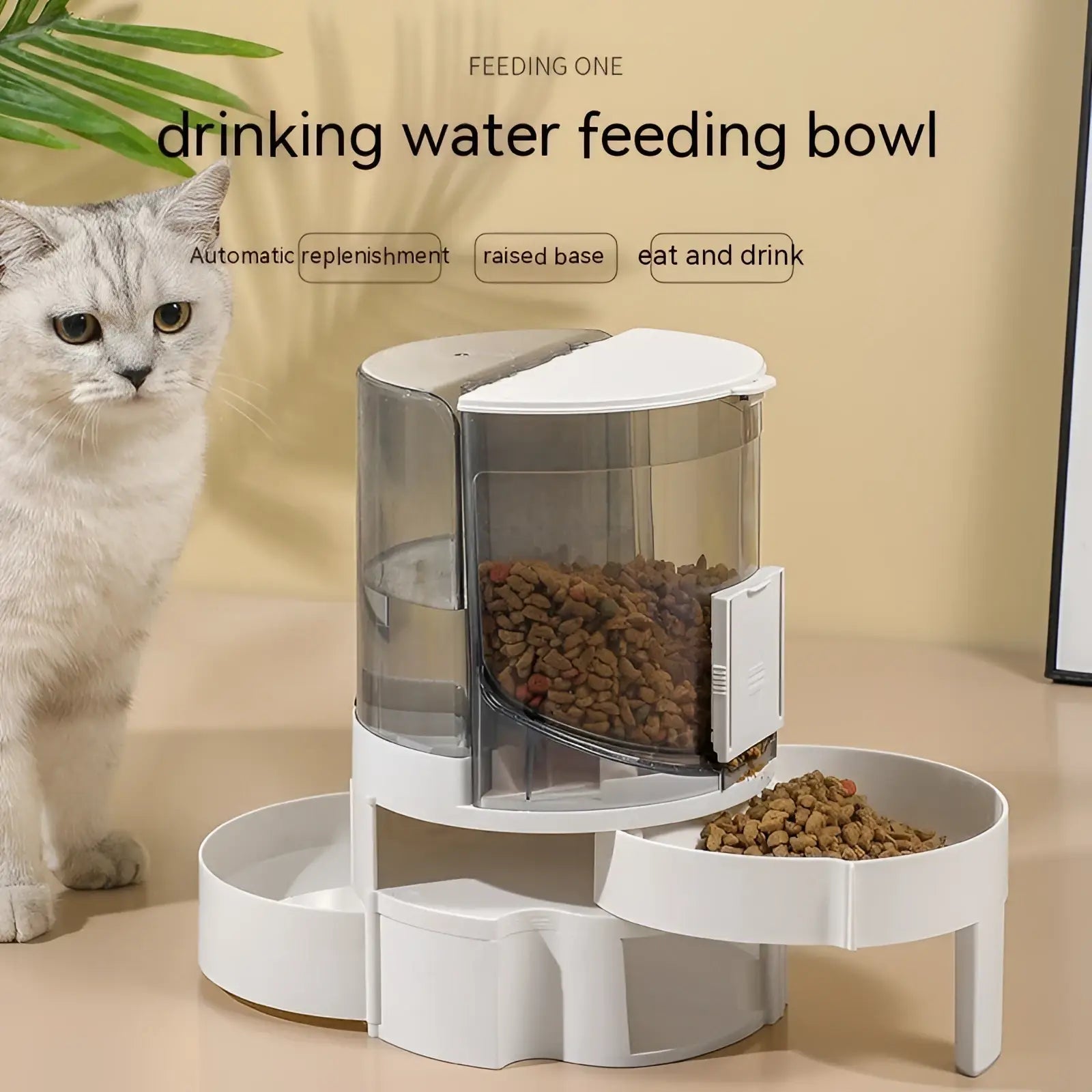 White and transparent plastic automatic pet feeder with raised base, dry food compartment, and dual lower bowls