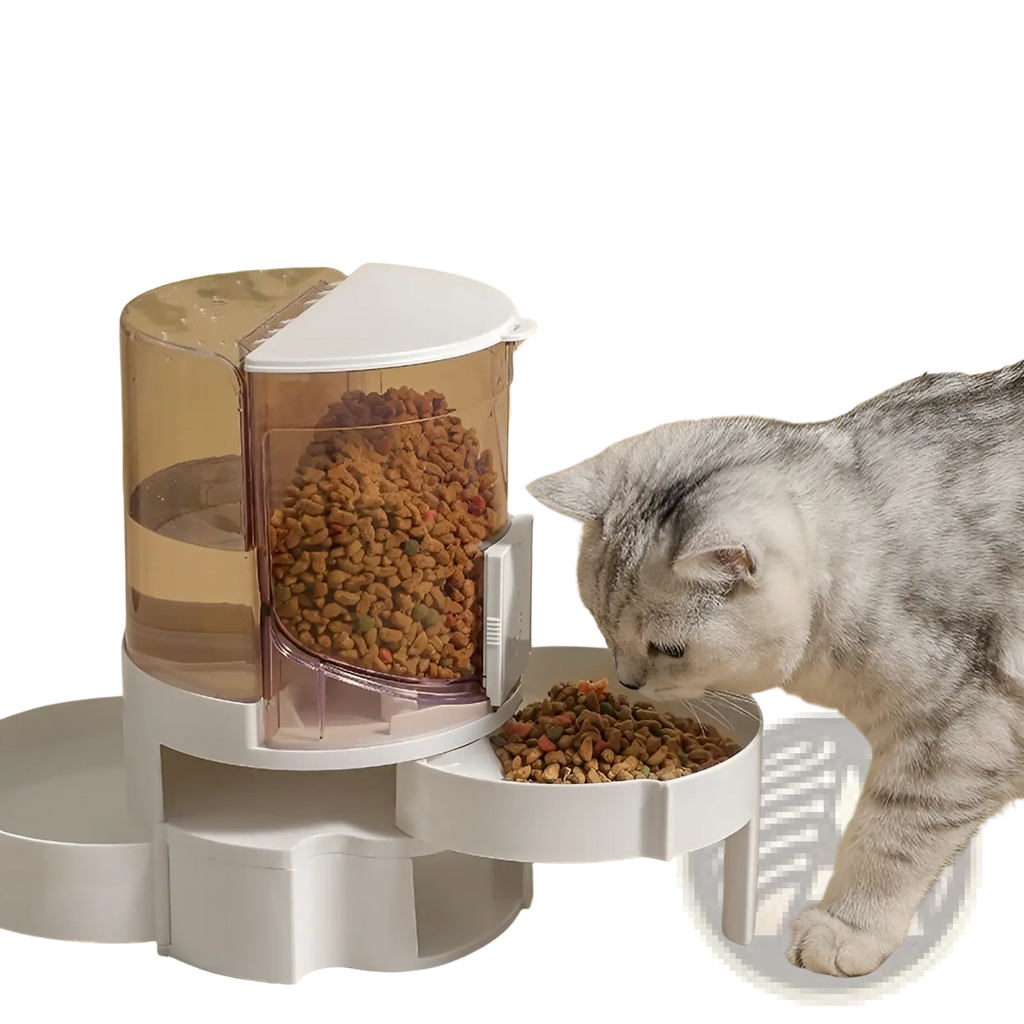 Automatic pet feeder with dual white and transparent plastic bowls designed to dispense dry food and water automatically