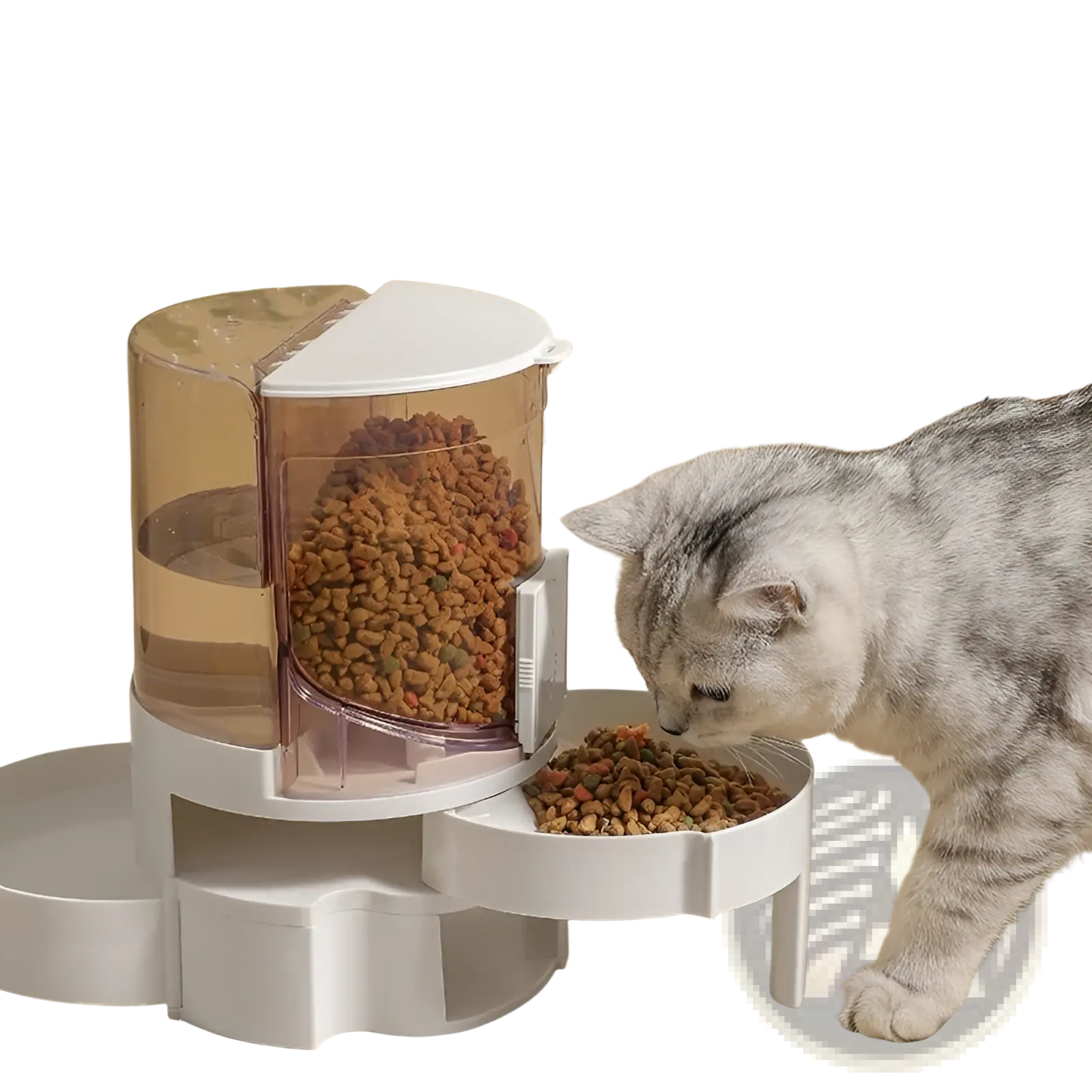 Automatic pet feeder with dual white and transparent plastic bowls designed to dispense dry food and water automatically