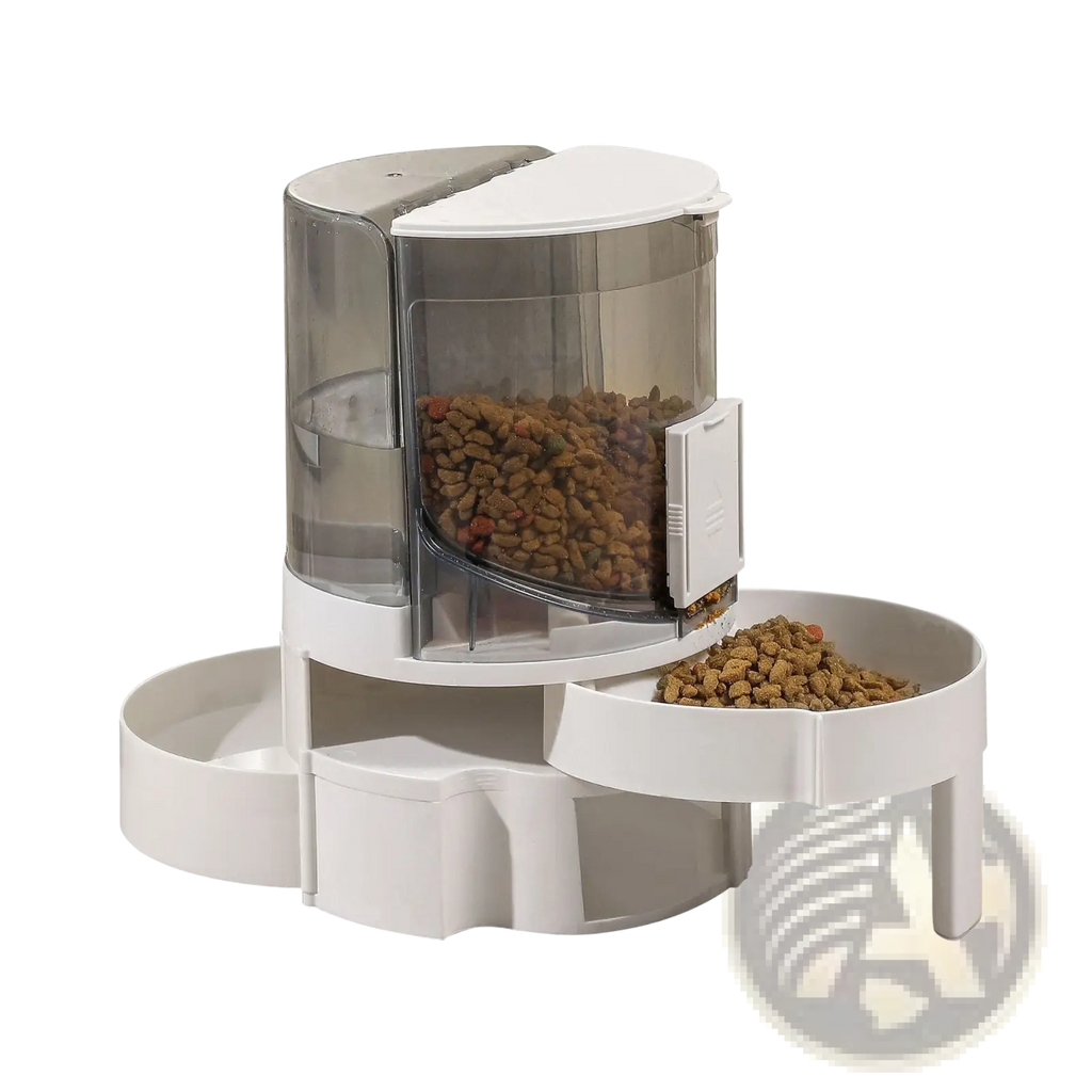 White plastic automatic pet feeder with transparent side panel and dual feeding bowls for convenient pet feeding