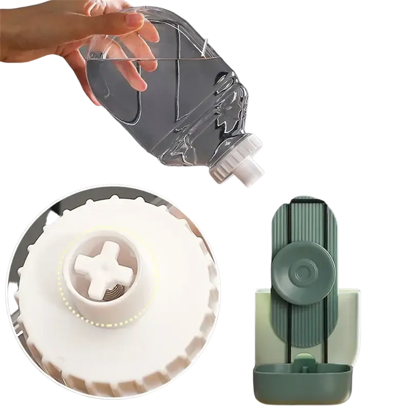 Clear plastic water bottle pouring into a wall-mounted pet feeder with white base and greenish blue high-quality plastic housing