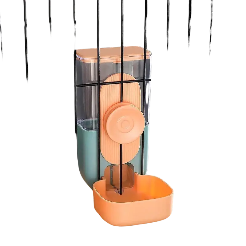 Pastel-colored automatic pet feeder made of high-quality plastic with clear food storage reservoir and peach lid mounted on cage bars