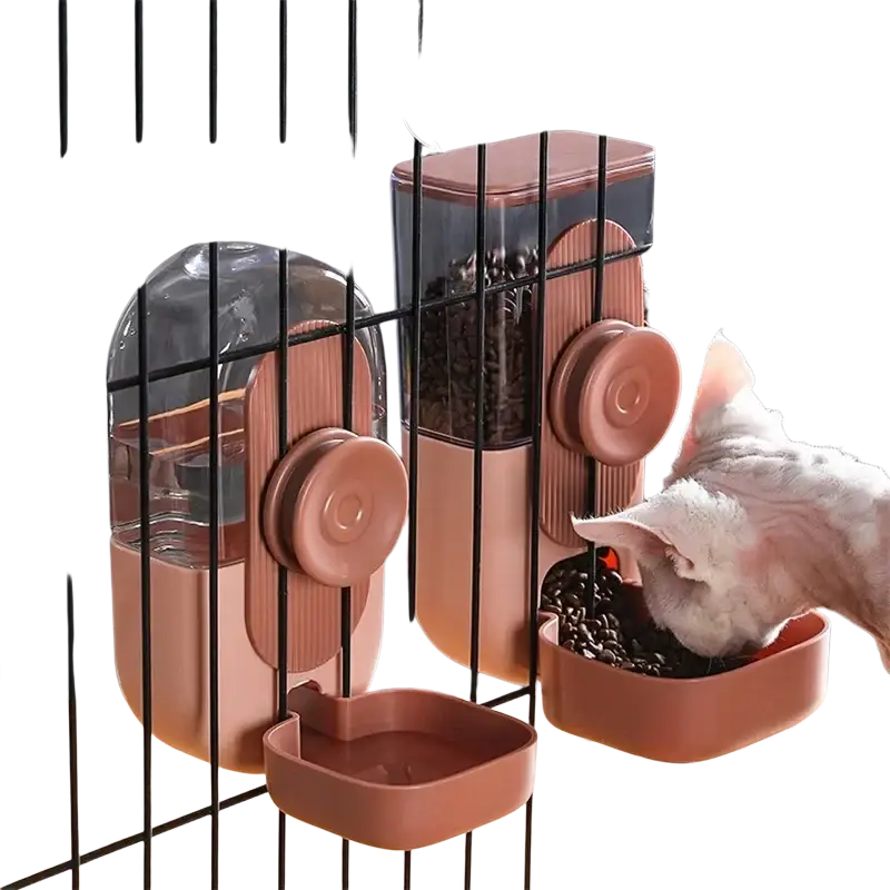Pink automatic pet feeder made of high-quality plastic with clear reservoir and rotating lid for food storage available in 800ml and 870ml capacities