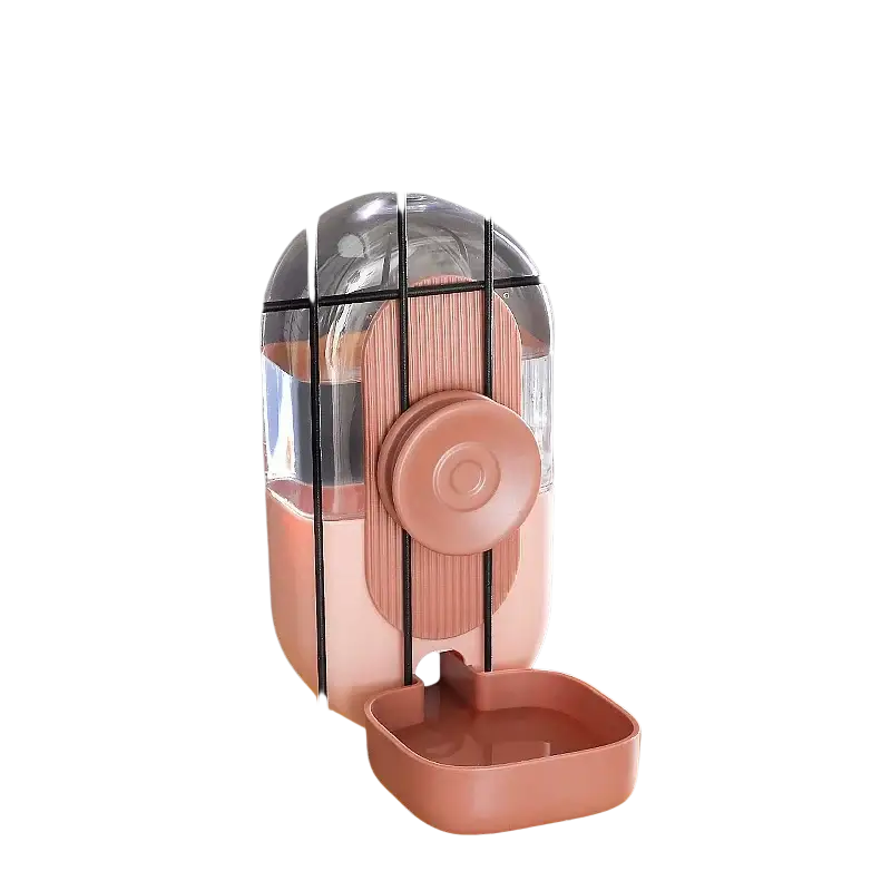 Pink and clear plastic pet water dispenser with ribbed panel mounted on cage bars made of high-quality plastic for food storage