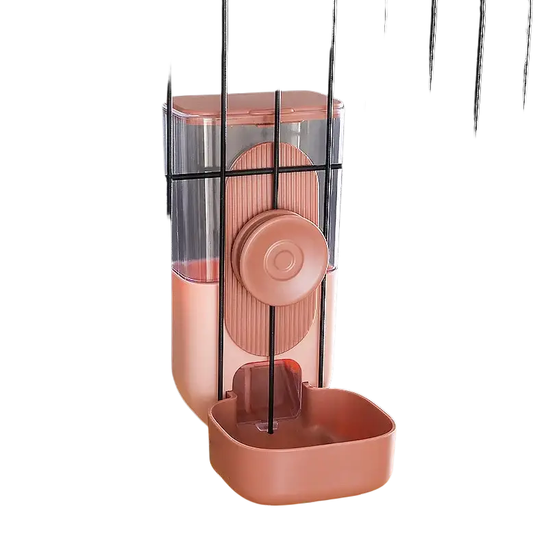 Pink plastic wall-mounted automatic pet feeder with clear reservoir and circular dispenser made of high-quality plastic for food storage