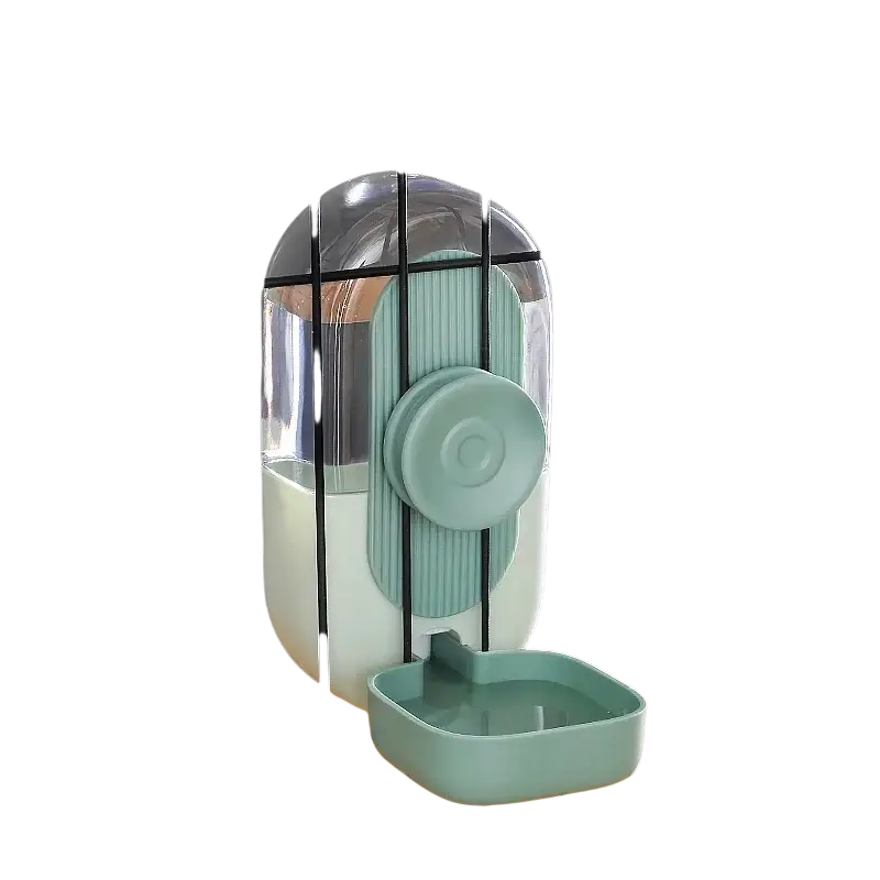 A sleek automatic pet feeder with transparent dome and mint green accents made of high-quality plastic for food storage